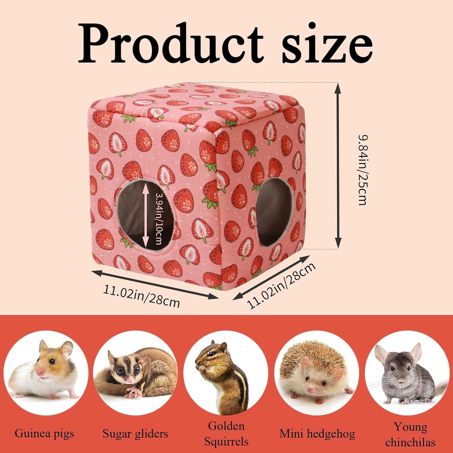JSPYFITS Guinea Pig Hideout, Washable Guinea Pig House Cozy Small Pet Bed for Small Animal Bunny/Rabbit/Hamster/Chinchilla Accessories Pink Strawberry