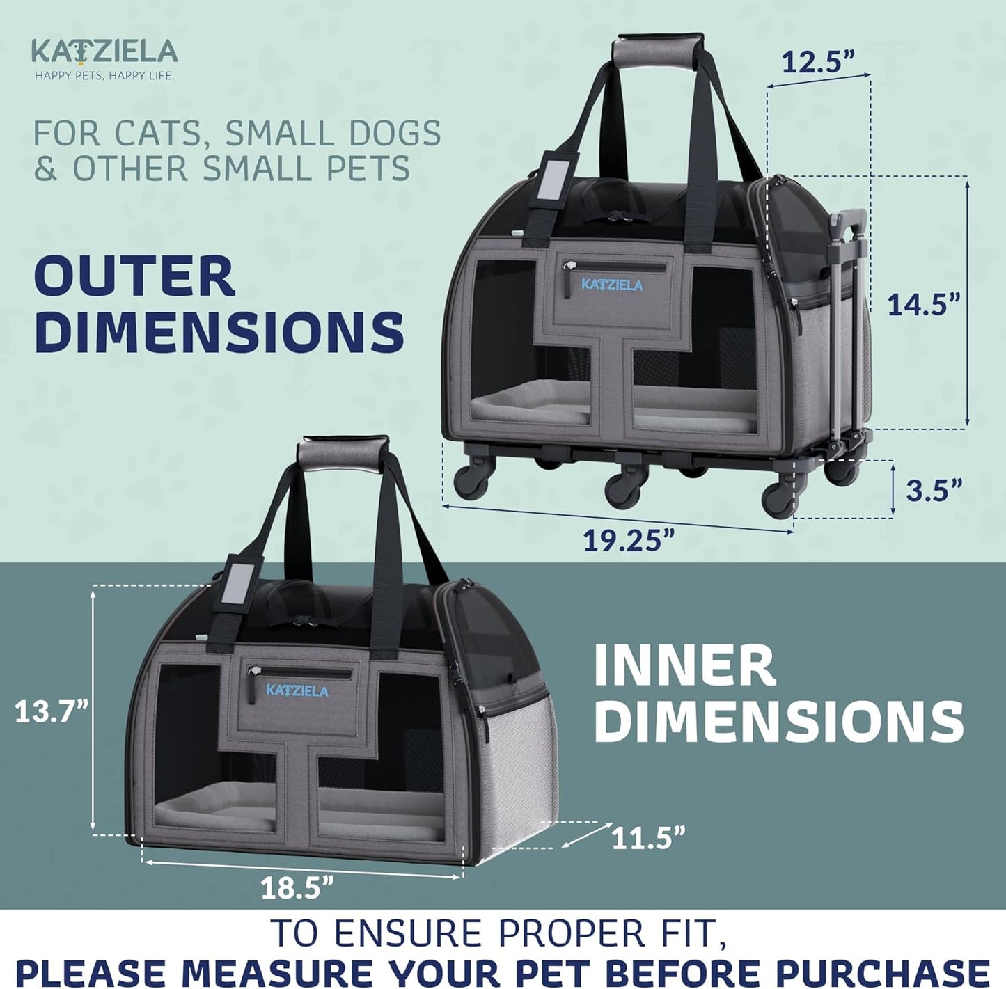 Katziela Airline Approved Pet Carrier - Rolling Portable Travel Carry Crate for Small Dog, Puppy or Cat - Soft Removable Wheeled Design with Mesh Window Sides - Airplane and TSA Compliant (Dark Grey)