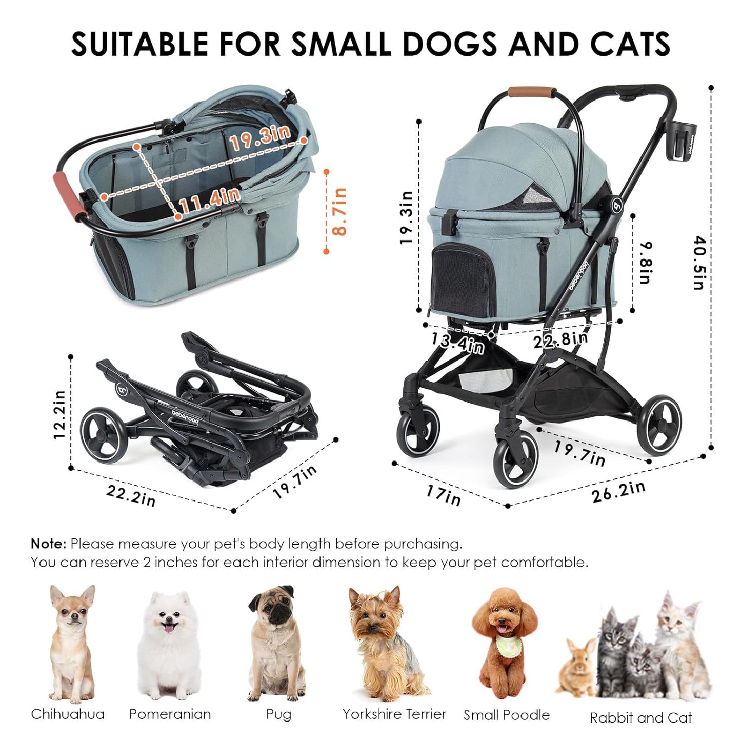 T3 3-in-1 Small Pet Stroller for Dog & Cats, 4 Wheels with Detachable Carrier with Pad, Canopy and Cup Holder (Green)
