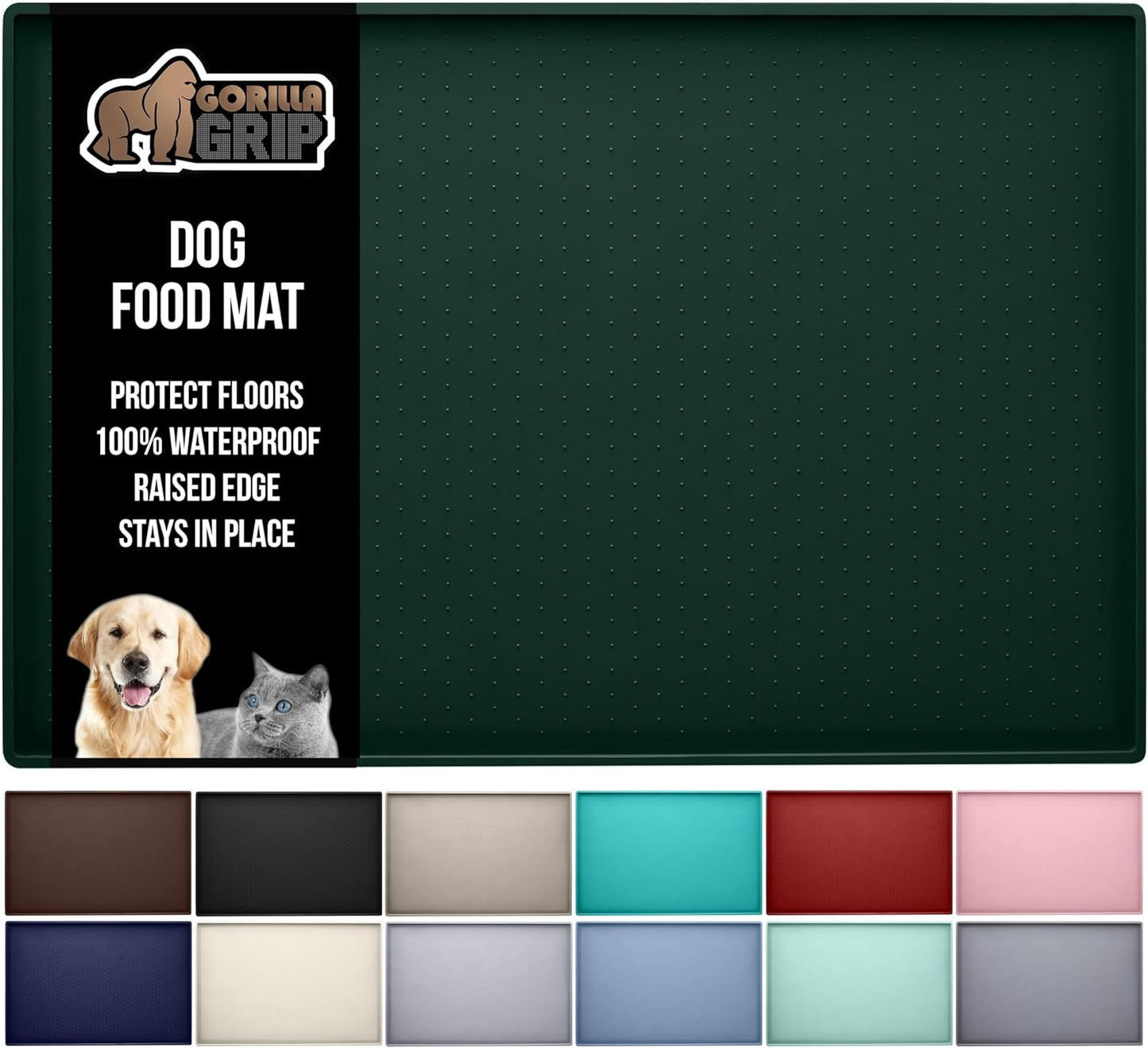 GORILLA GRIP 100% Waterproof Raised Edge BPA Free Silicone Pet Feeding Mat, Dog Cat Food Mats Contain Spills Protects Floors, Placemats for Cats and Dogs Water Bowl, Pets Accessories 23x15 Green