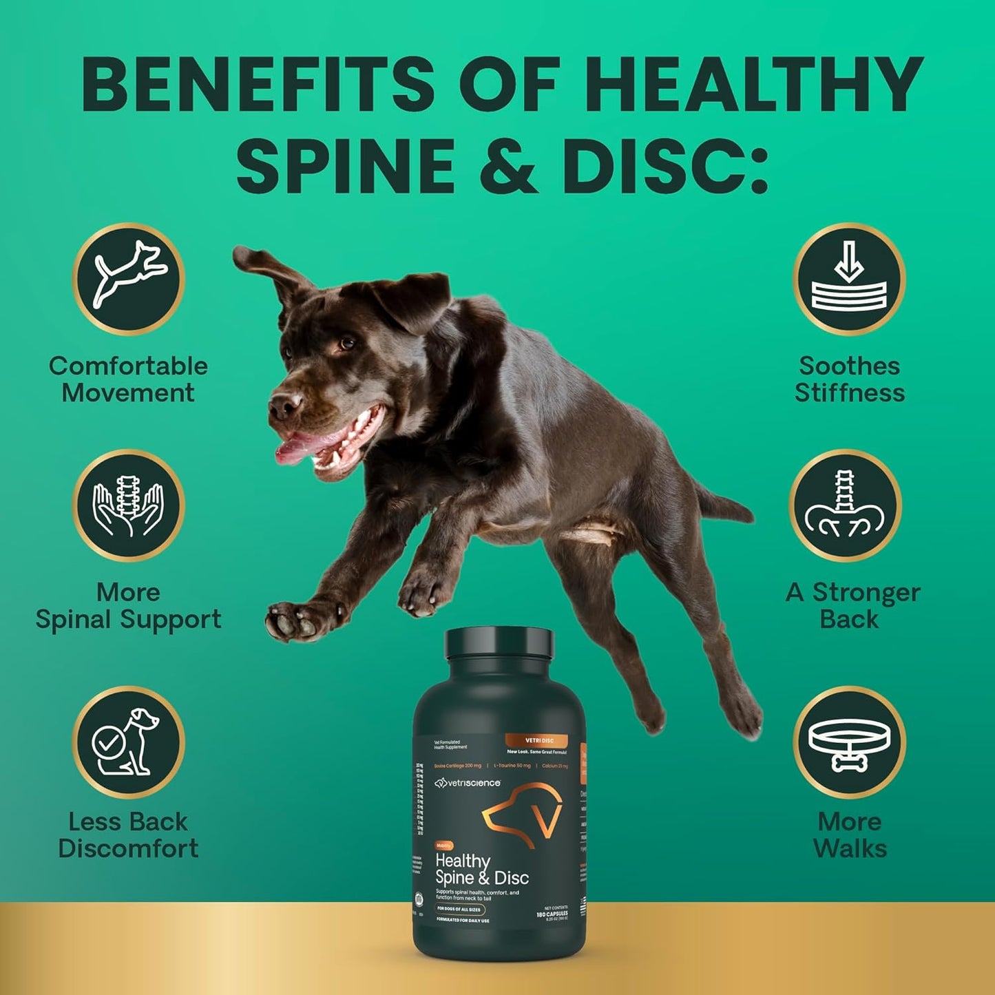 VetriScience Healthy Spine & Disc Easy-Open Capsules, Back & Spinal Support Chondroitin & Taurine Supplement for Dogs, Perfect for Dachshunds, Corgis, Frenchies & More, 180 Count