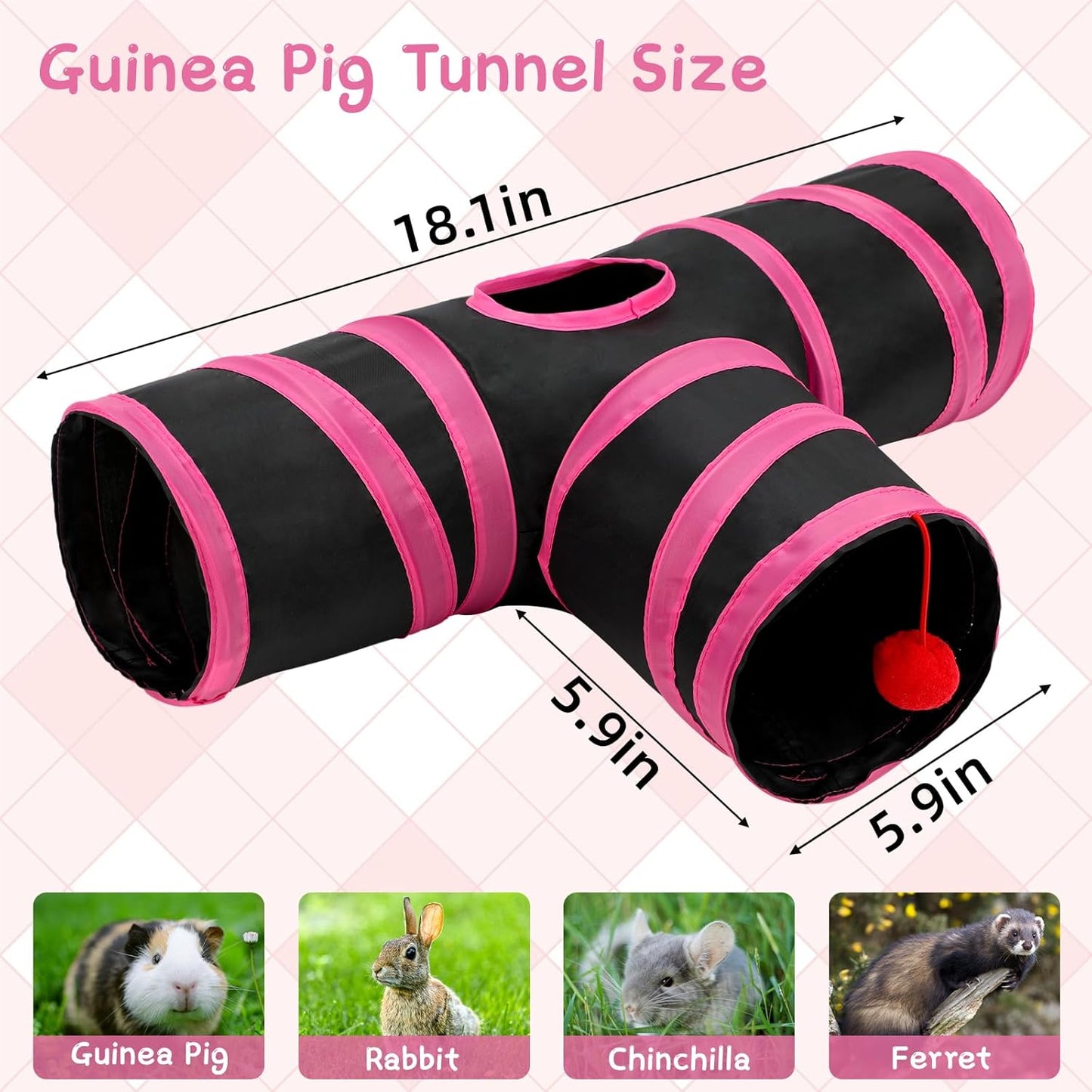 Rypet Guinea Pig Tunnel, 3 Way Collapsible Rabbit Tunnel, Small Pet Tunnels and Tubes with Interactive Ball for Rabbit Ferret Hamster Chinchilla Hedgehog Hiding and Resting