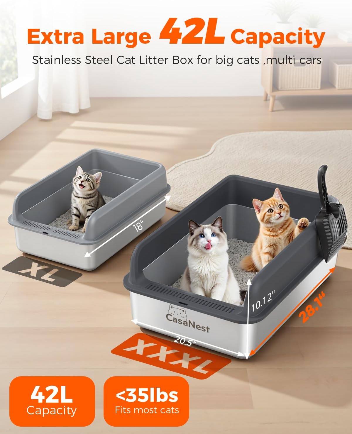 XXXL Stainless Steel Cat Litter Box 28.1''×20.5''× 10.1” Extra Large Metal Cat Litter Box for Big, Multi Cats, Anti-Leakage & Non-Stick Metal Pan, Easy to Clean, Durable (Black