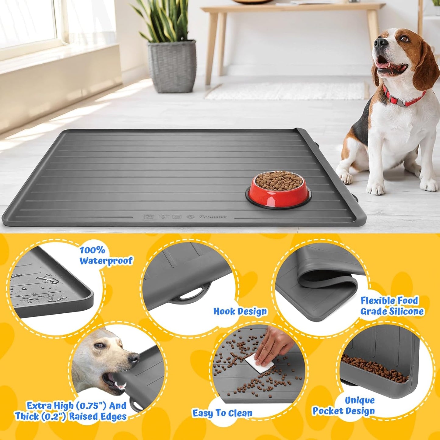 Dog Feeding Mat - 39''x27'' Large Silicone Pet Food Mats with Residue Collection Pocket and High Edges, Floors Waterproof Dog Cat Bowl Mat Prevent Water Food Spills, Light Grey