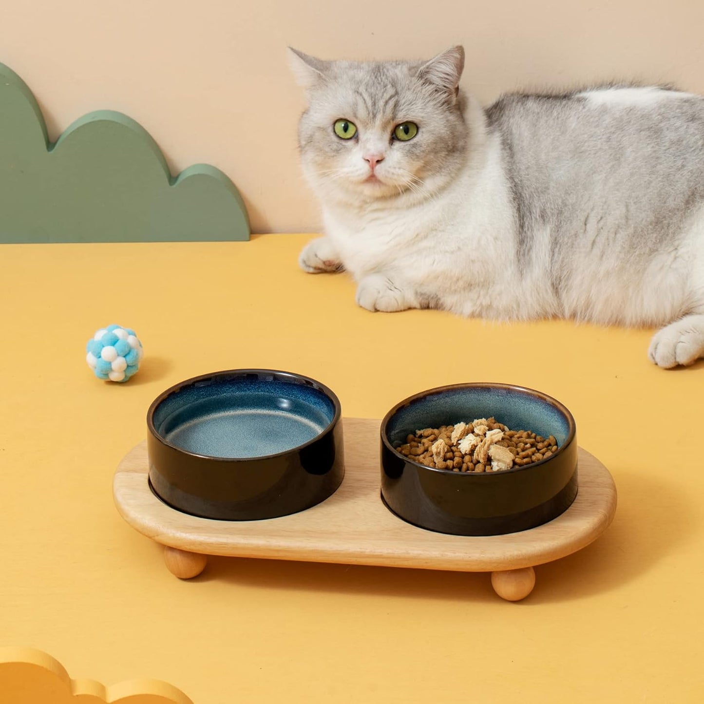 Ceramic Elevated Cat Food and Water Bowl, Kitty Bowl, Raised Cat Dish, Pet Feeder (5.1 in, 2 x Starry Sky + Stand)