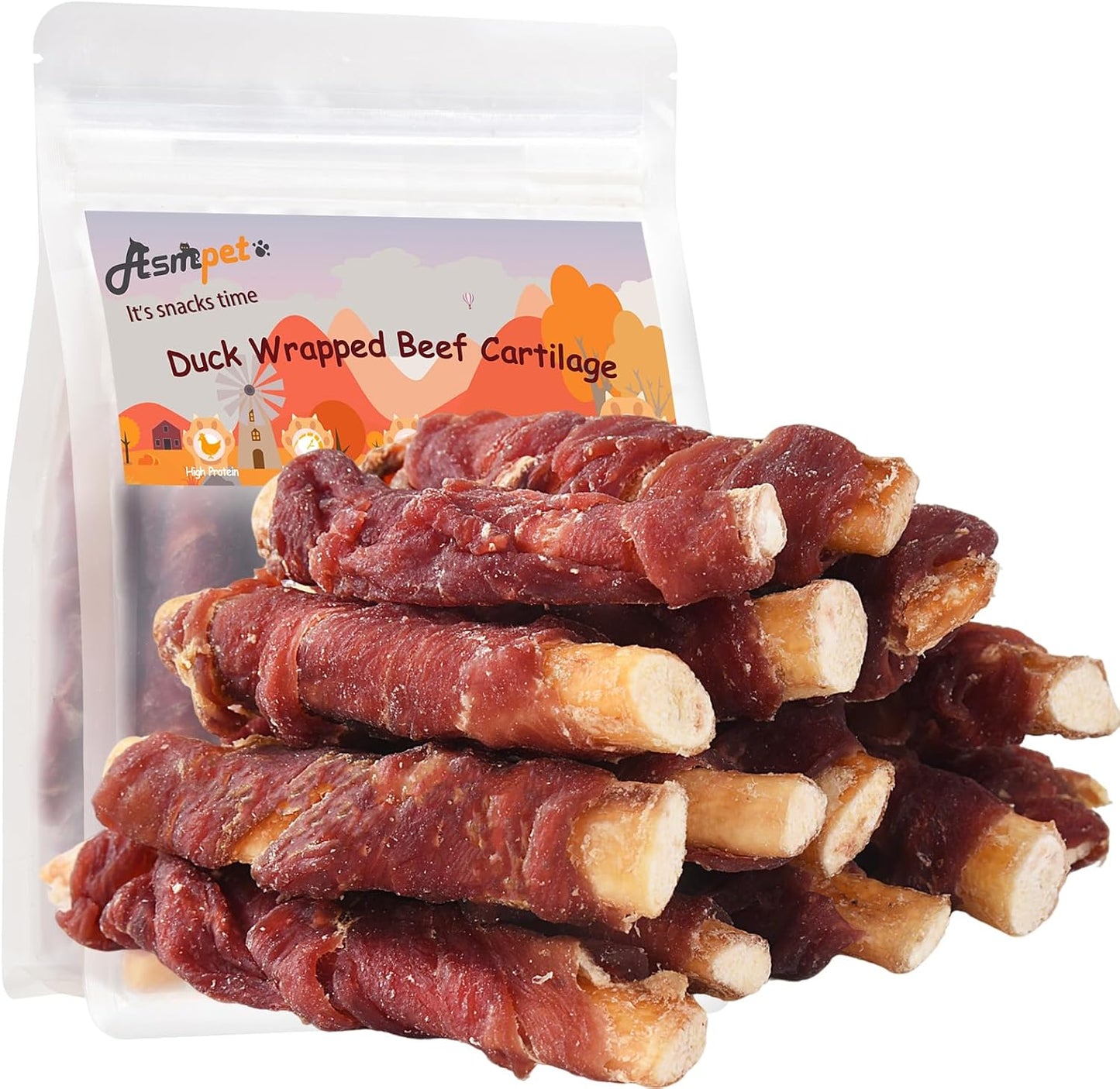 ASMPET Dog Treats, Duck Wrapped Beef Cartilage, Rawhide Free & Grain Free Dog Snacks