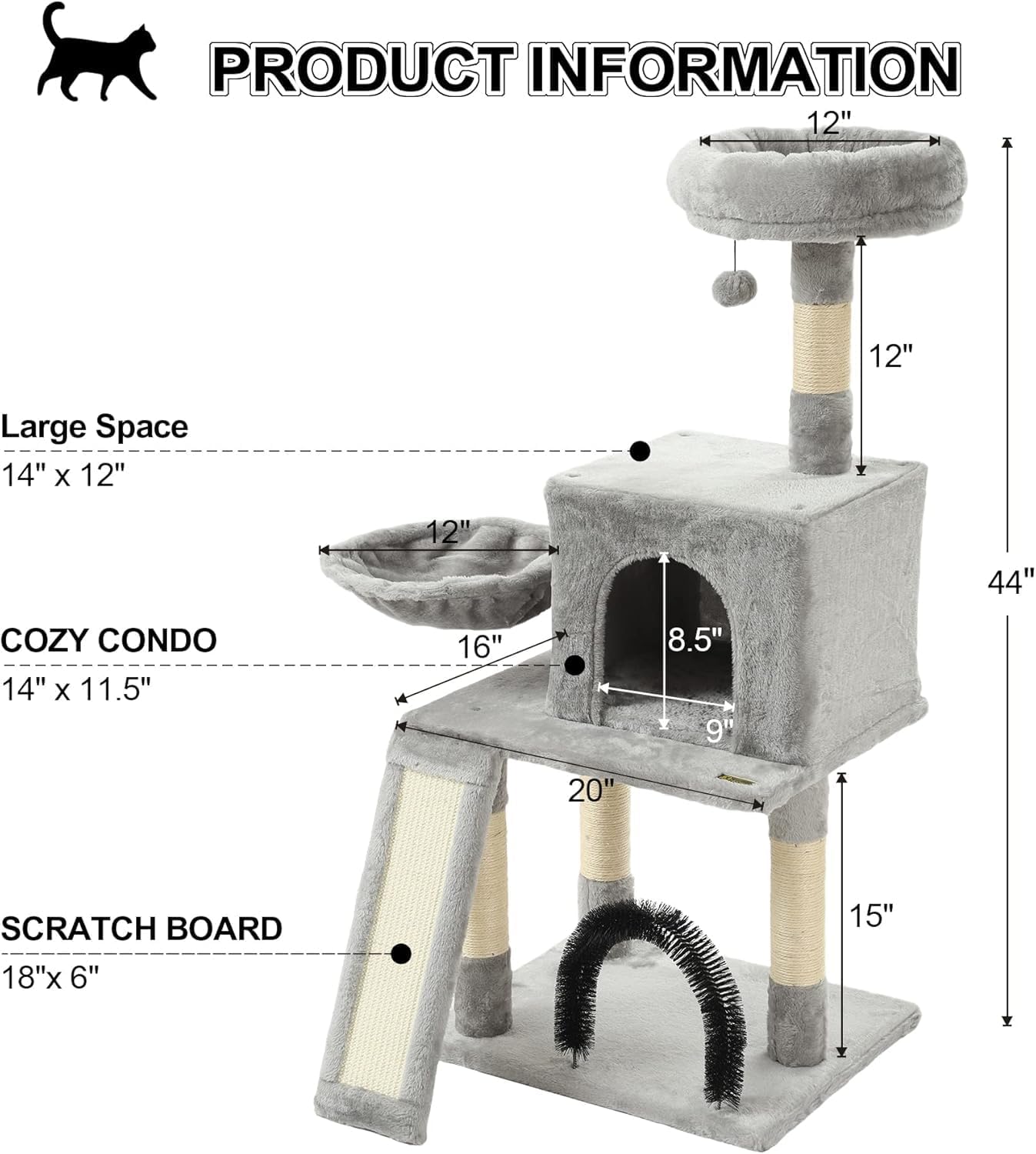 HOOPET 44IN Cat Tree for Indoor Cats - Multi-Level Cat Tower with Hammock, Condo, Scratching Posts, Self-Grooming Brush & Play Ball - Space-Saving Cat Furniture for Small Apartments