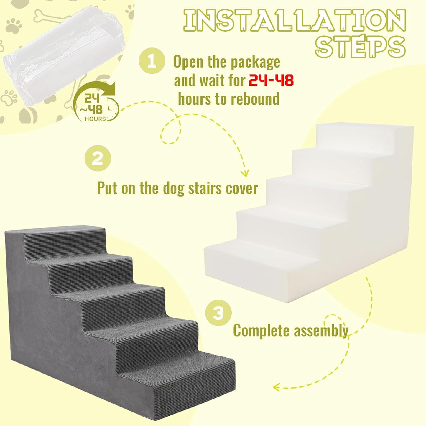 Niubya Dog Stairs for Small Dog and Cats,23”H Non-Slip Bottom Pet Steps for High Beds and Couch,High-Density Foam Pet Stairs Grey,5 Steps