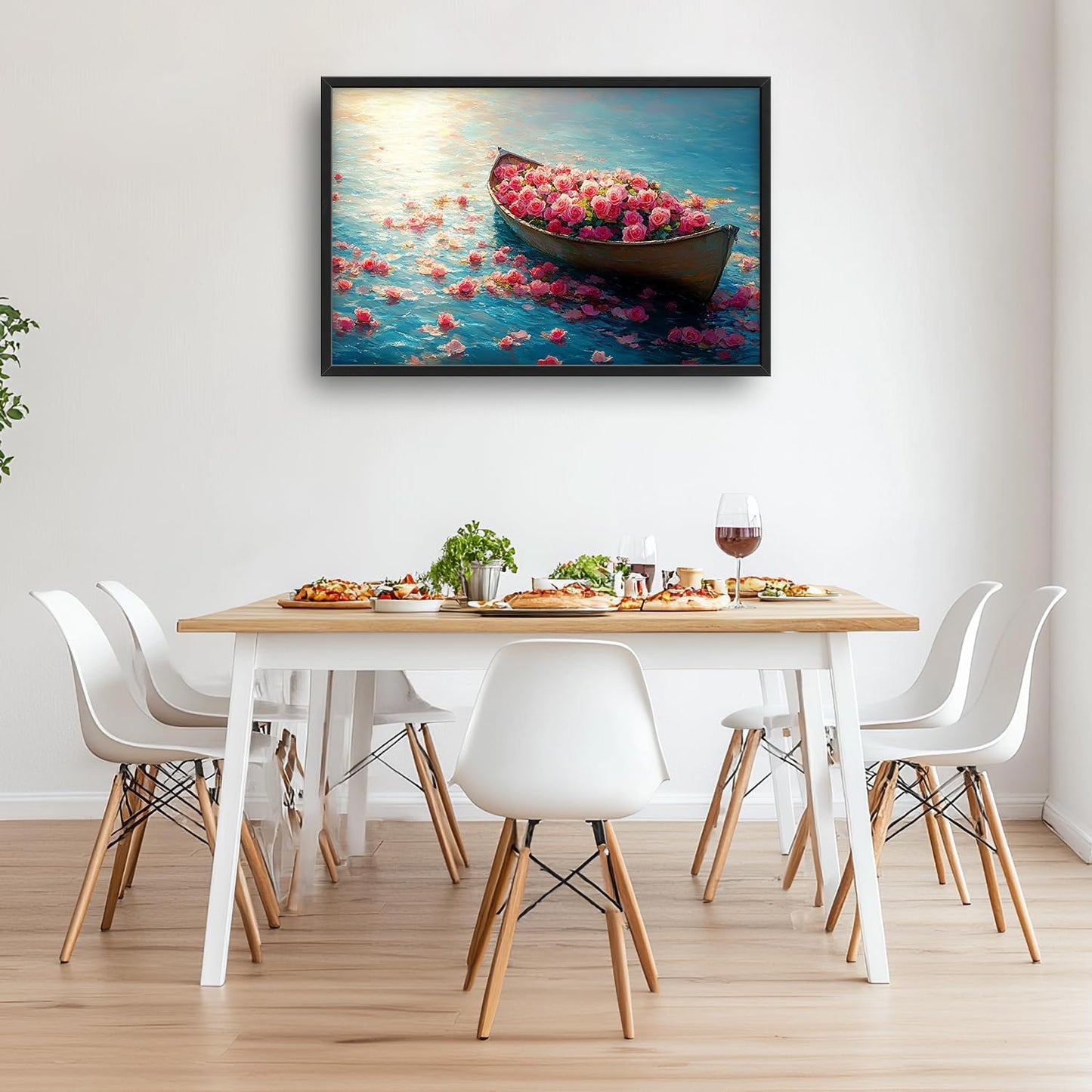 Large Lake Floral Landscape Wall Art for Living Room, Nature Boat Flower Canvas Oversized Wall Decor, Rose Scenery Framed Pictures Painting Print Artwork for Bedroom Office 36L" x 24W"