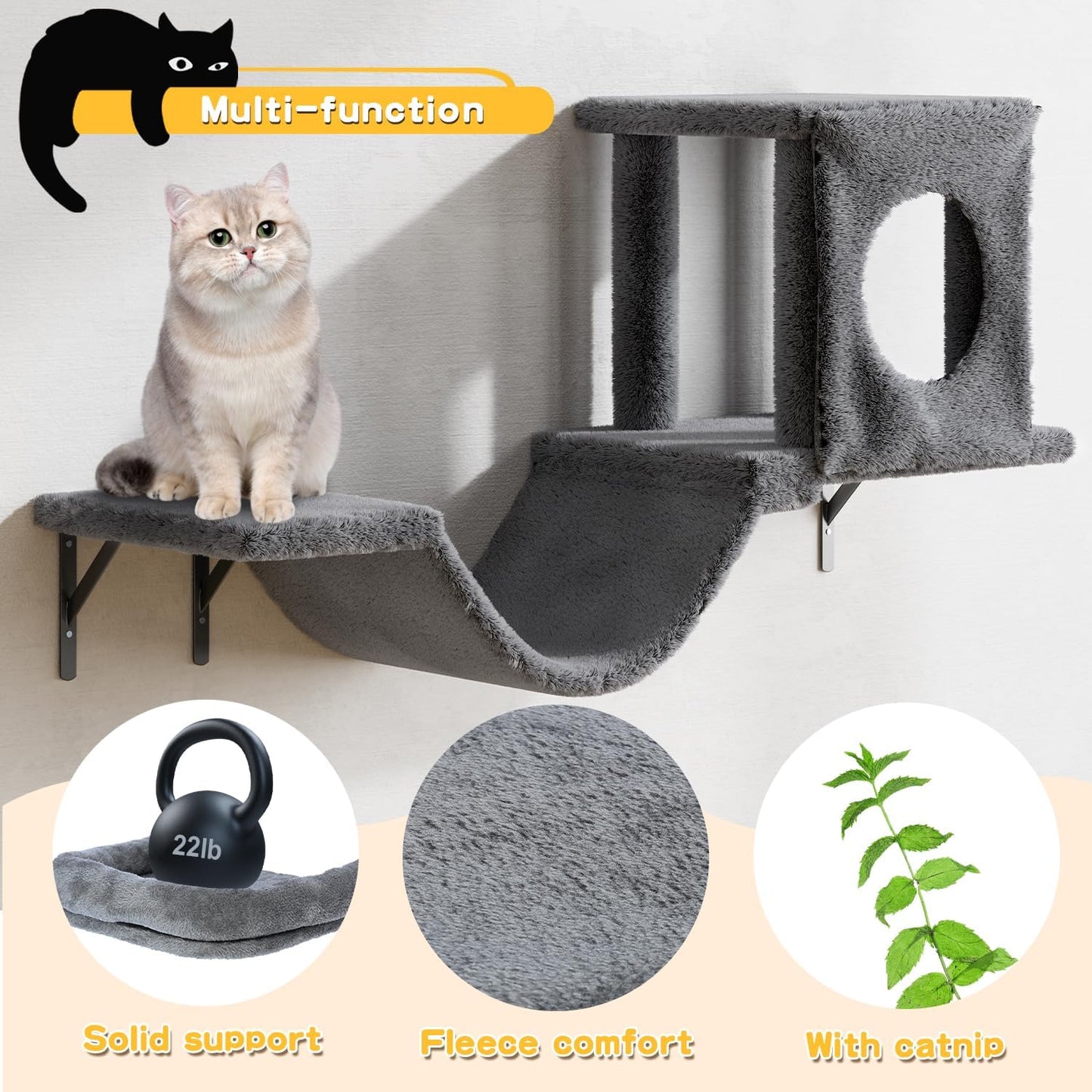 NUNU LAB Wall Mounted Cat Climber Set, 6 Pcs Cat Furniture Set with House, Bridge, Steps, Scratcher Board and Hammock, Shelves for Indoor, Luxury Walls Furniture(Dark Grey)