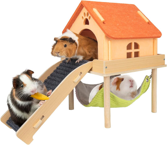 3 in 1 Enlarged Guinea Pig Hammock,Wooden Guinea Pig Hideout with House & Platform & Stairs Small Animal Toys for Hiding Sleeping Activities