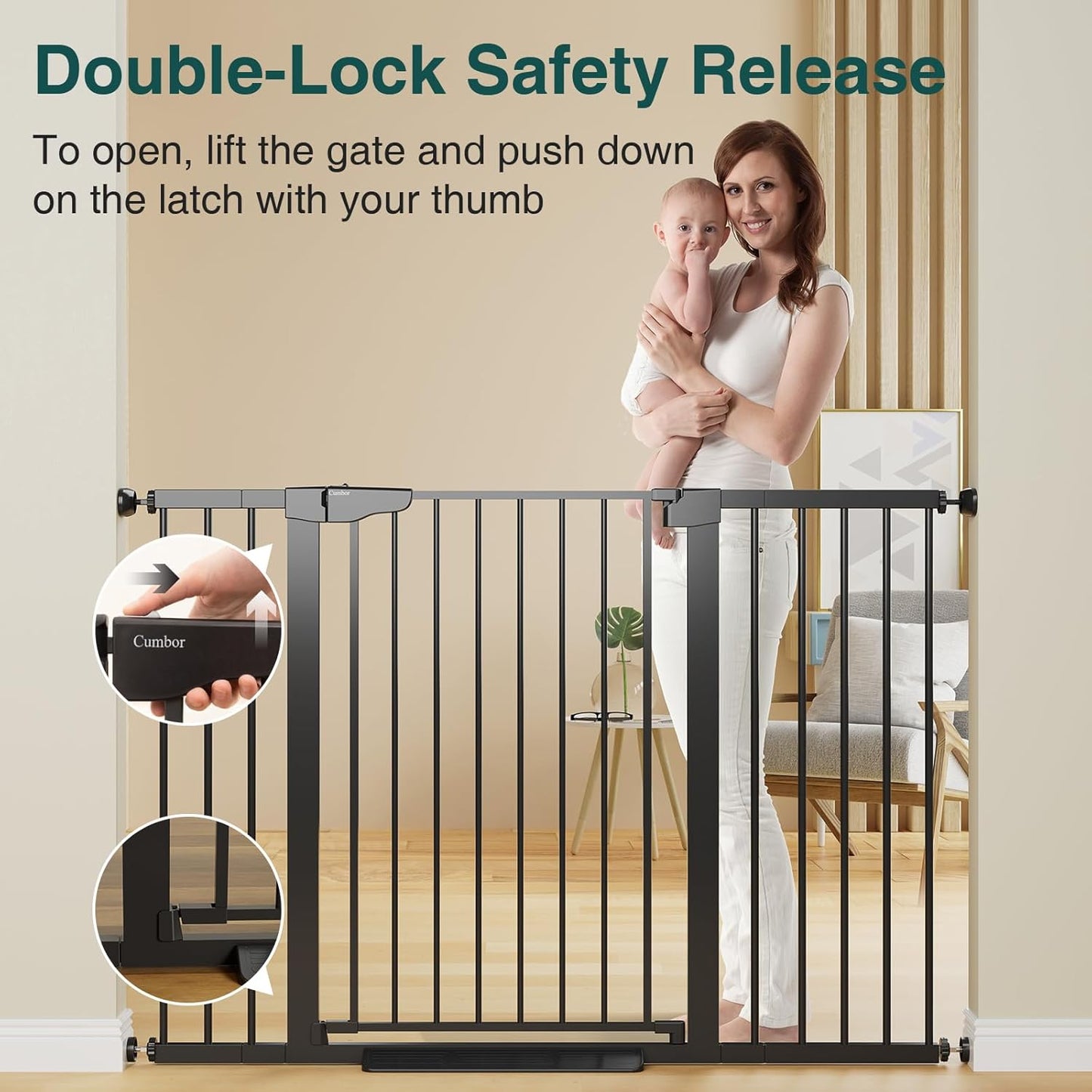 Cumbor 36" Extra Tall Baby Gate for Stairs, 29.7-54.2" Extra Wide Dog Gate for Doorways Hallways, Pressure Mounted Child Gate for Wide Opening, Auto Close Personal Safety for Babies and Pets, Black