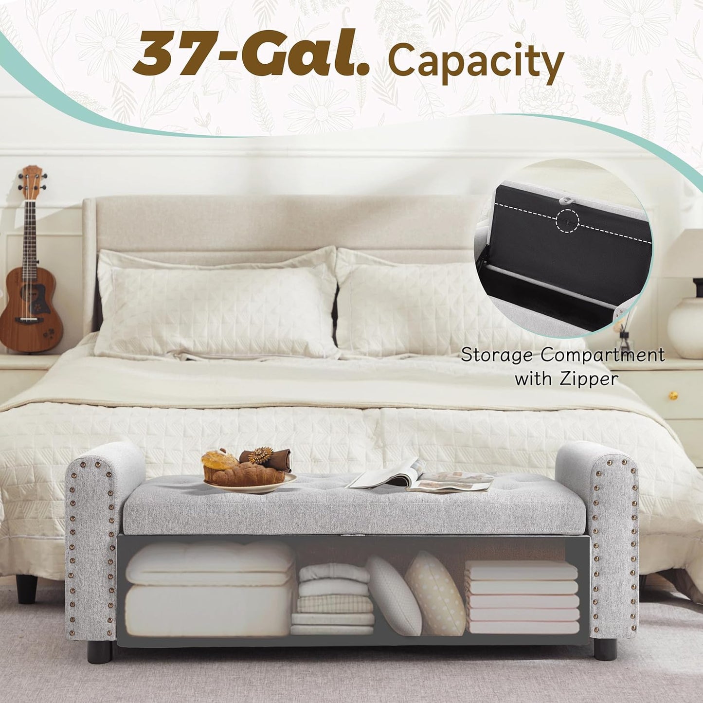 Ottoman with Storage, Tufted Storage Bench for Bedroom, 48" Fabrics End of Bed Bench, Upholstered Entryway Shoe Benches with Rolled Arm & Inner Zipper, Window Ottomans Chest with Rivets, Light Grey