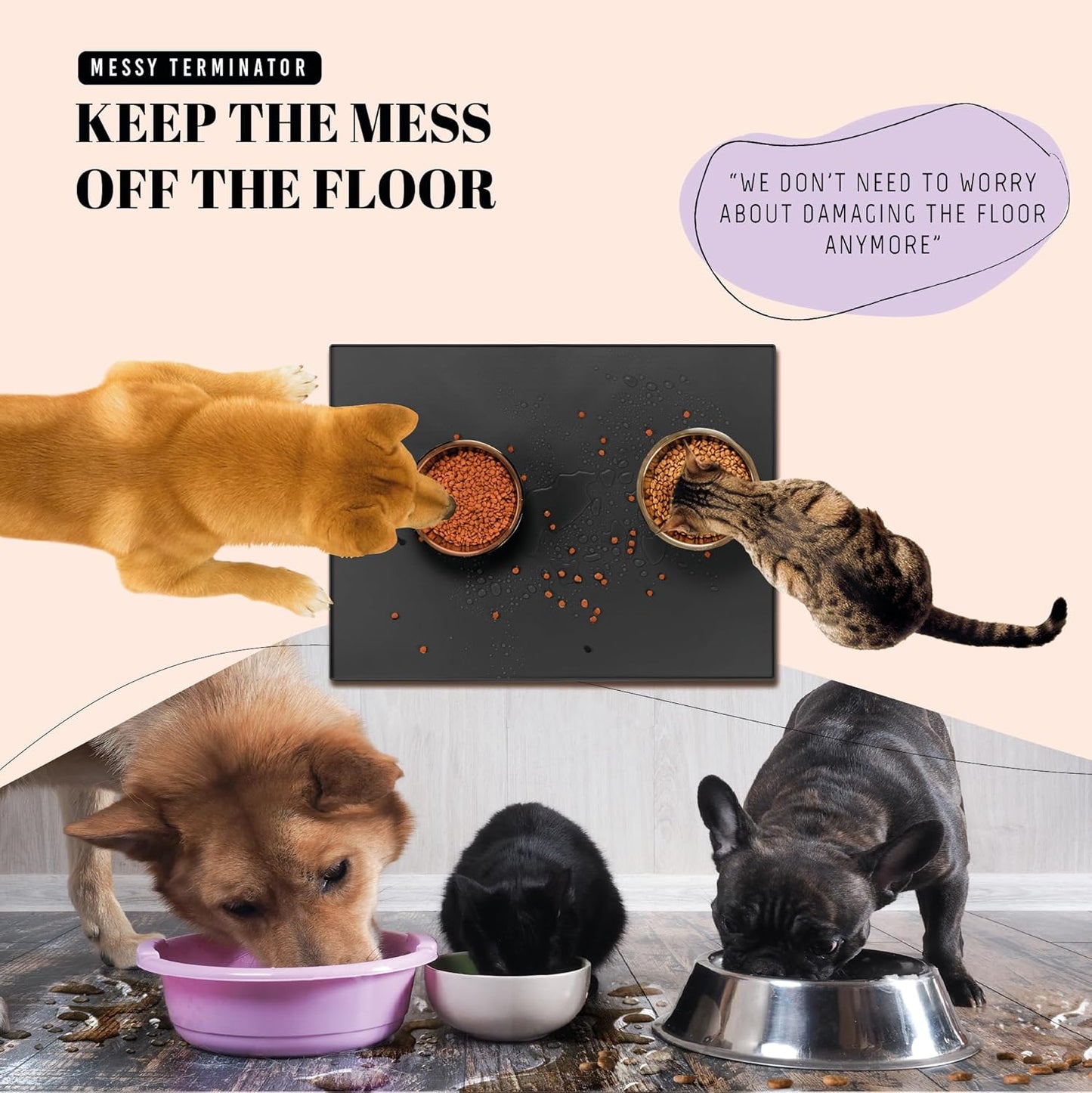 AVERYDAY 32x24'' Silicone Dog Mat for Food and Water, 0.63'' Edge Dog Food Bowl Mats for Floor Waterproof, Dogs Water Mat for Sloppy Drinker, Non Slip Rubber Pet Feeding Mats for Indoor Dogs and Cats