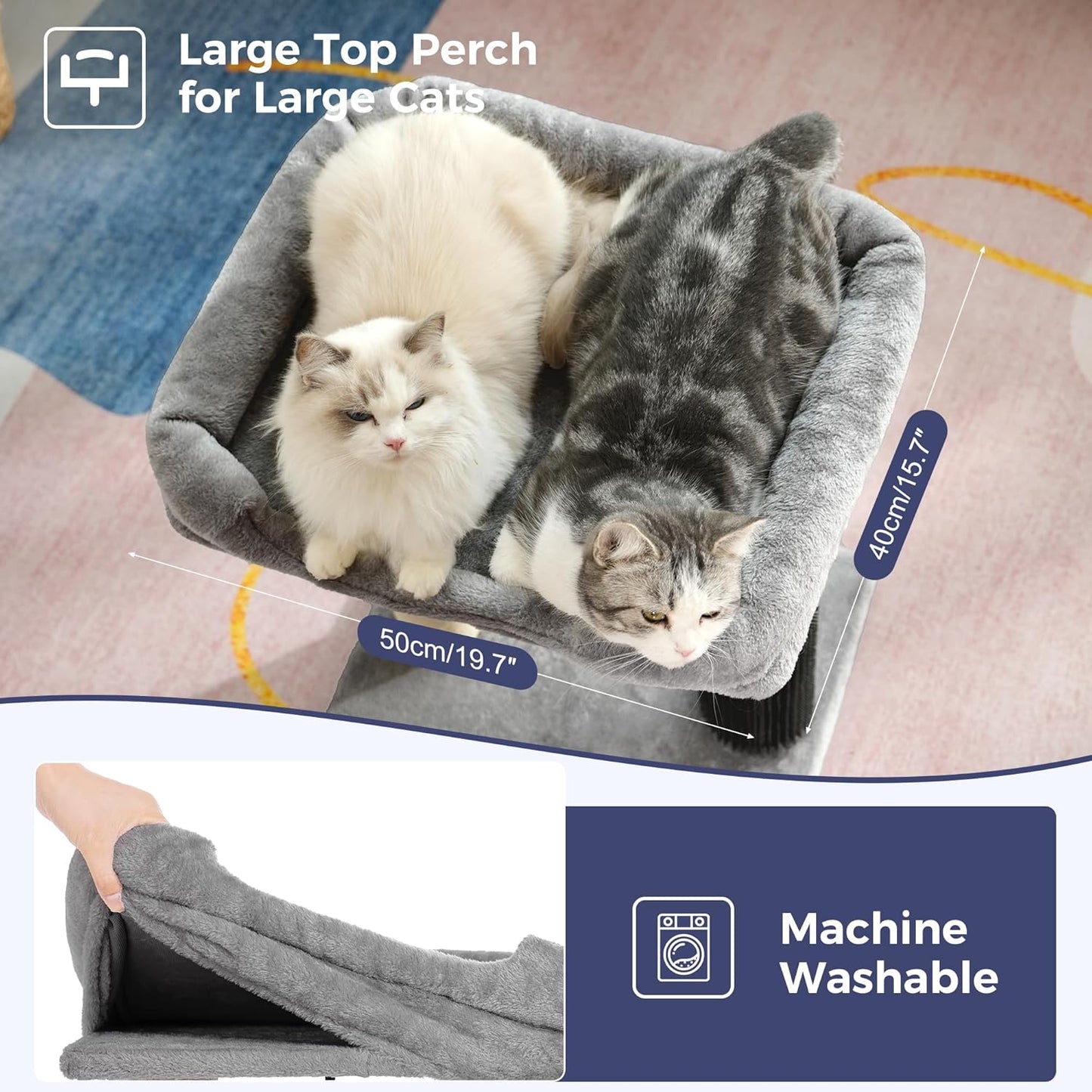 Cat Tree Tower for Large Cats Cat Scratching Post with 20x15.7”Wide Top Bed, Self Groomer, Thick Scratch Post [Dia=4.5”] and Danging Ball Great for Indoor Cats-Large Grey