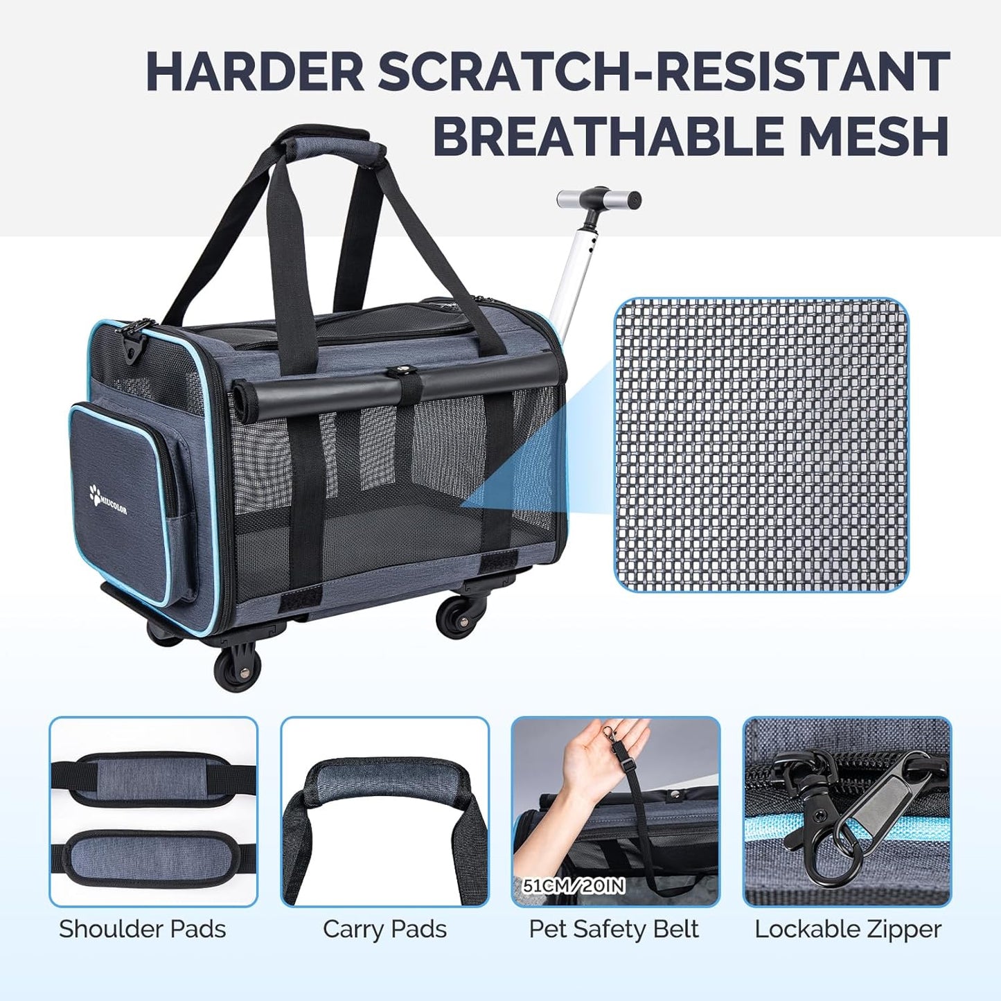 MIU Color Rolling Pet Carrier with Wheels Under 15 lbs, Airline Approved Foldable Soft Carrier for Small Dogs and Cats, Dog Carrier with Wheels for Car Road Trips Travel Camping Outdoor