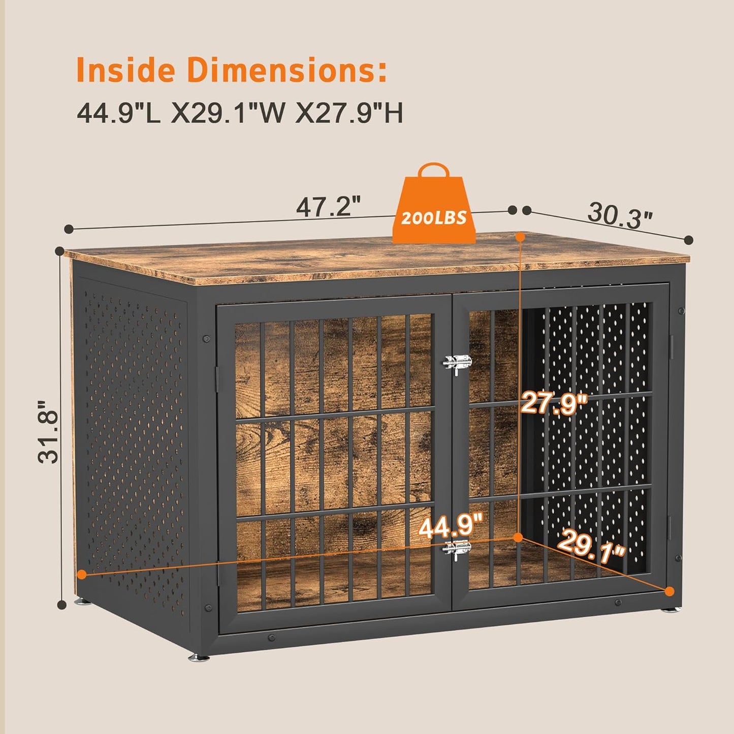 48" Rustic Heavy Duty Dog Crate Furniture for Extra Large Dogs, Metal Kennel for High Anxiety Dogs, Wooden Cage Furniture Indoor, Decorative Dog Kennel End Table, XL