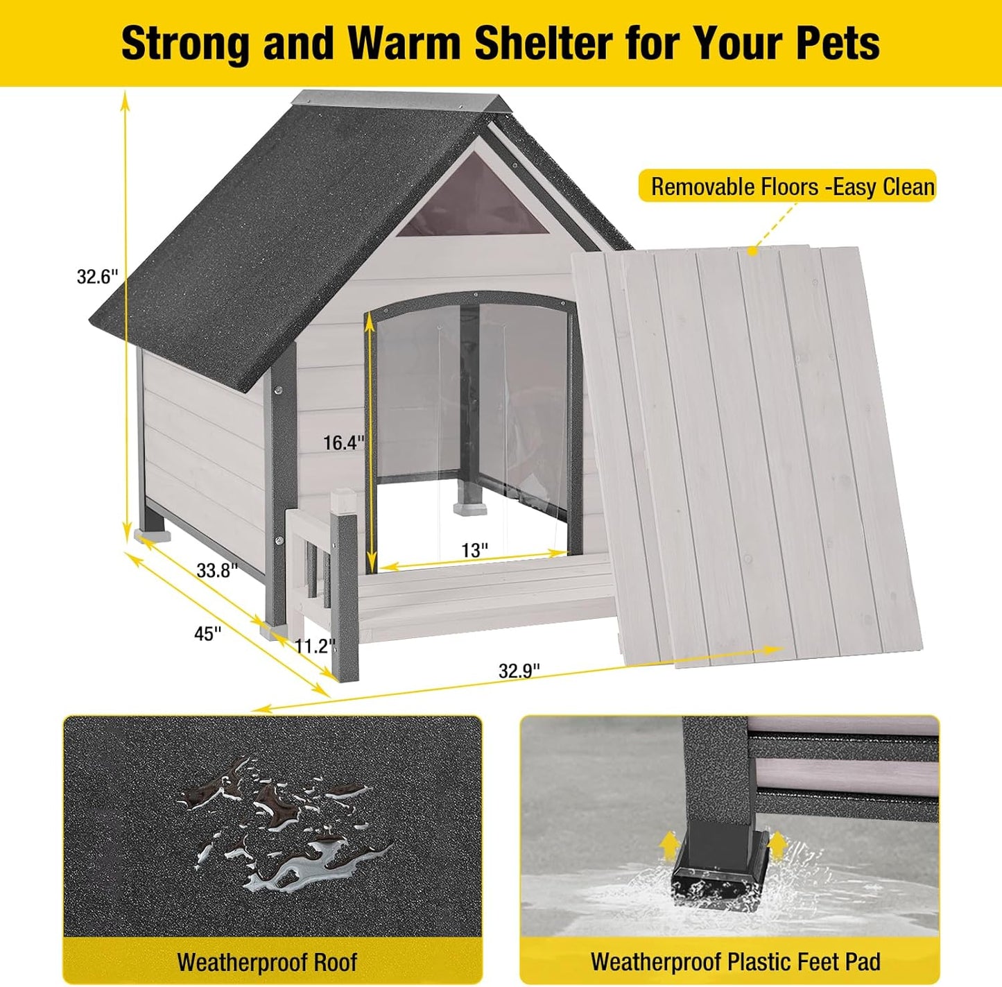 Aivituvin Dog House Outdoor with Metal Frame, Dog Kennel Outside for Small to Medium Breed, 45" Weatherproof Large Dog Shelter with Anti-Chewing Iron Frame, White (45" D x 32.9" W x 32.6" H)