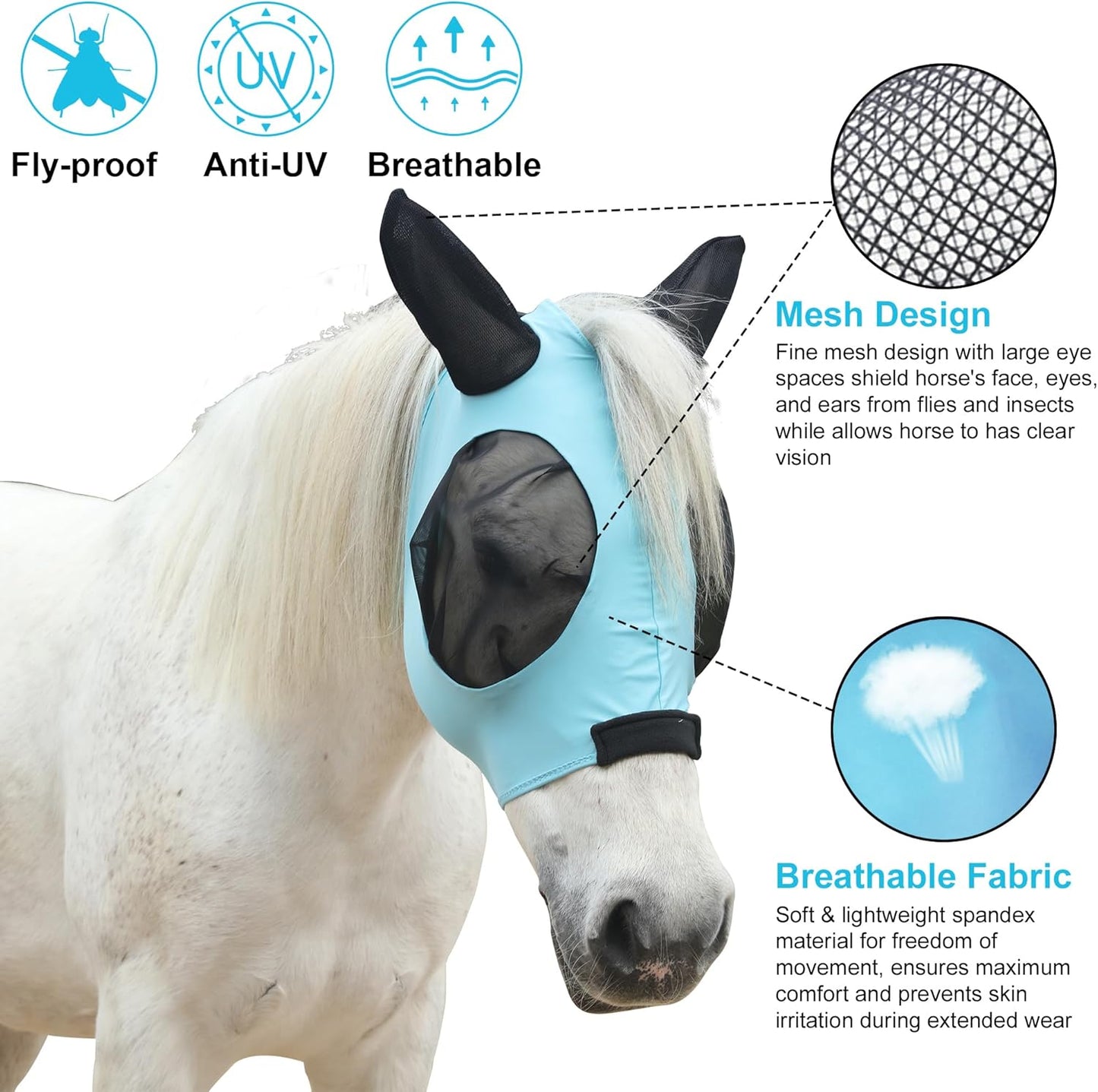 Stretchy Horse Fly Mask for Horses, Soft Lycra Equine Mesh Mask, Elasticity Horse Face Covering, Breathable&UV Protection, Pacific Blue, Cob