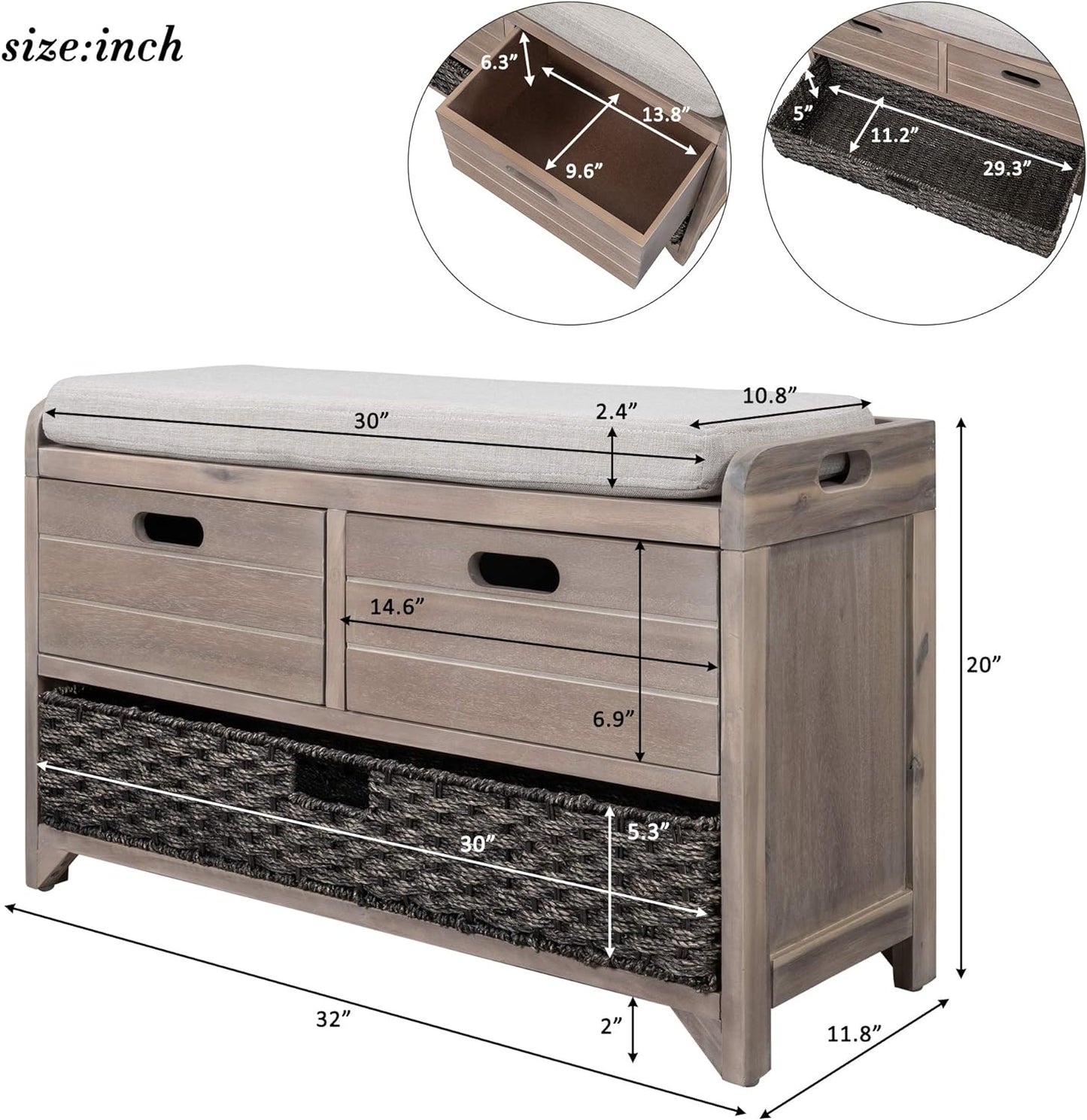 Storage Bench Removable Basket 2 Drawers Fully Assembled Acacia Wood Shoe Bench Standing Shoe Rack Removable Cushion for Living Room, Entrance Hallway, No Assembly Required White Washed
