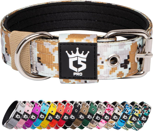 TSPRO Tactical Dog Collar 1.25 Inch Wide Thick Dog Collars with Heavy Duty Metal Buckle, Durable, Strong, Adjustable for Small Dogs (Camo Khaki S)
