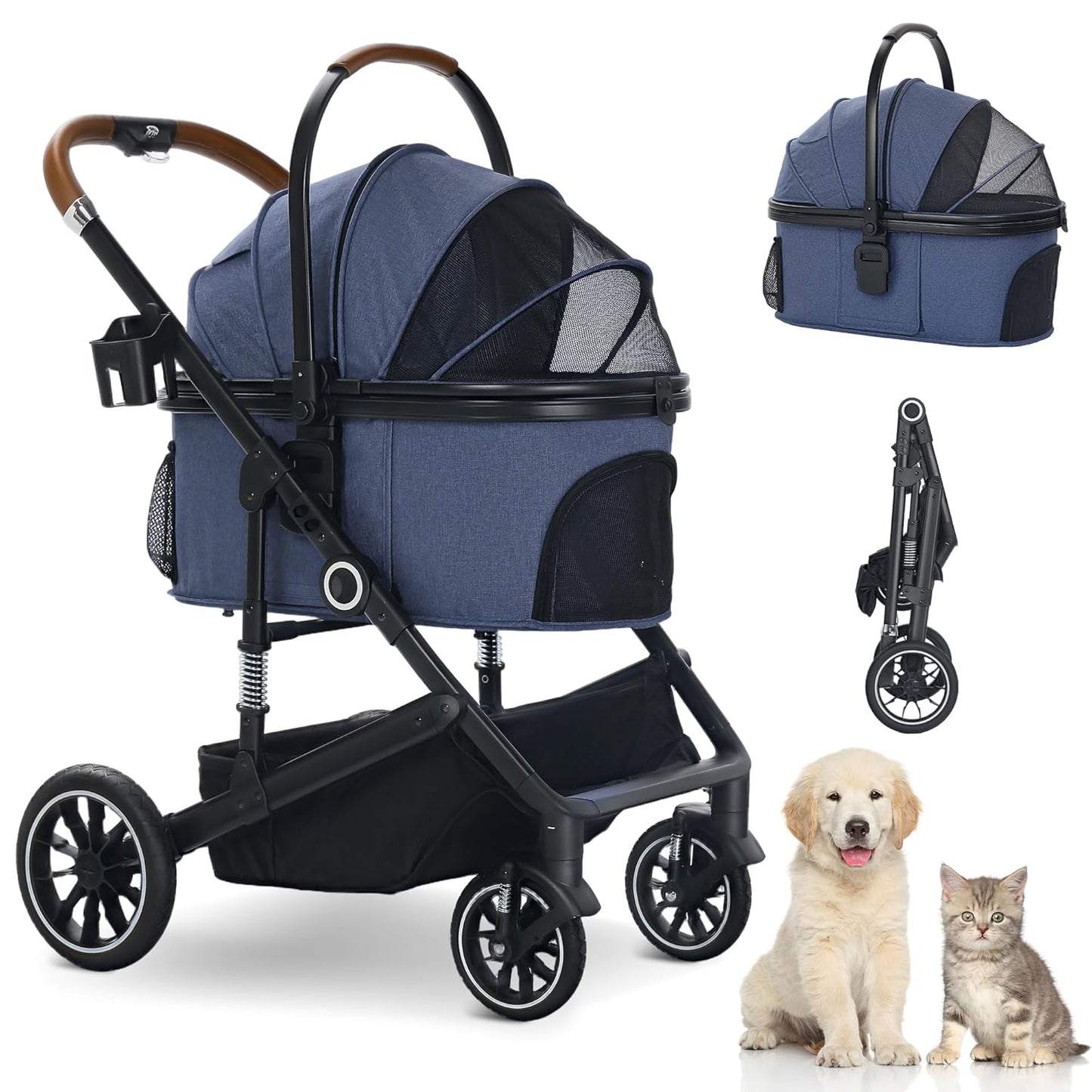 Pet Stroller with 4 Wheels, 3 in 1 Folding Puppy Strollers for Small/Medium Dogs Cats up to 50lbs, Lightweight Pet Travel Carrier with Detachable Cushion, Storage Basket and Cup Holder, Blue