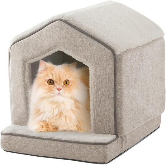 Orthopedic Cat Houses for Indoor Cats,Small Dogs,Super Soft Cat Bed Cave,Condos, Cubes,Cat Hideaway,Covered,Cat Bed for Kitty Small Medium Large Pet (Beige, 18" L x 15" W x 17" Th)