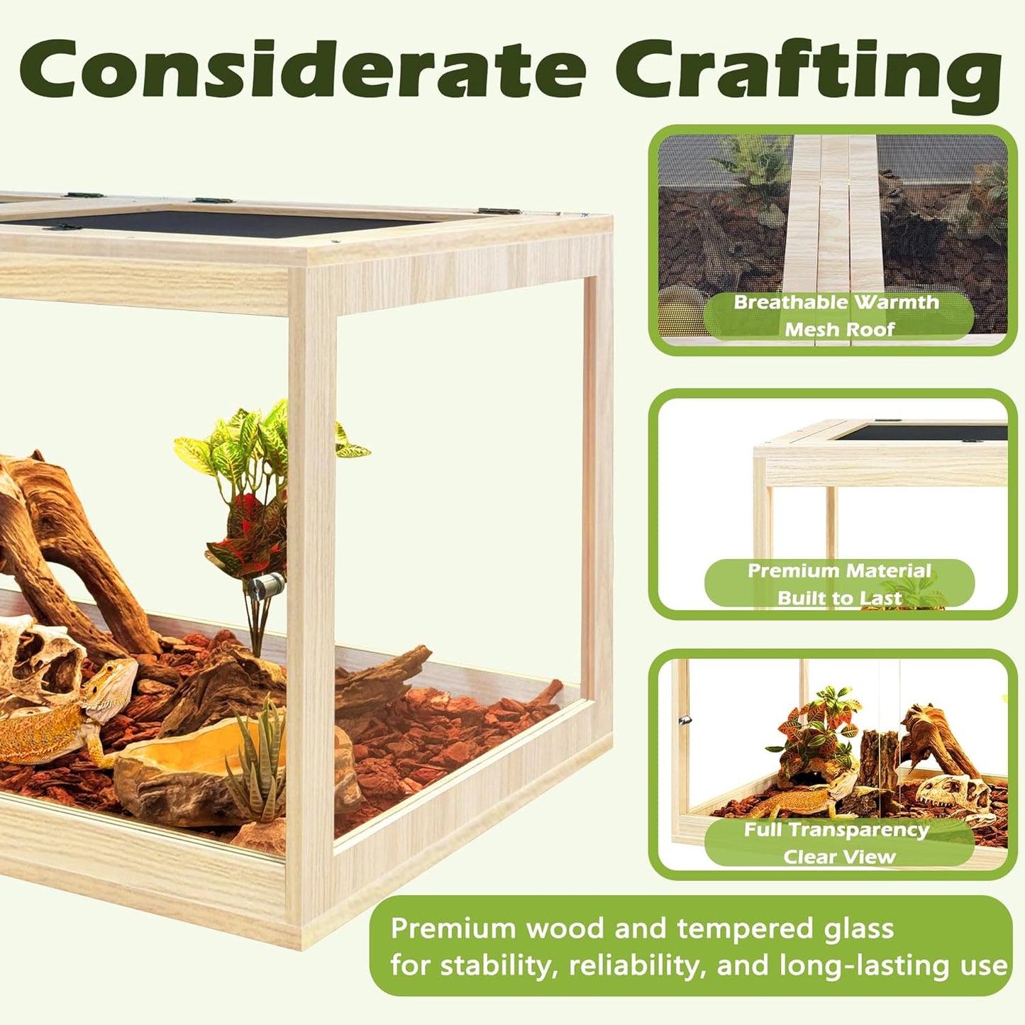 Tempered Glass Bearded Dragon Tank 81 Gallon, Lizard Tank, Reptile Tank with Metal Mesh Roof Door, Snake Tank with Lock Design, 48" Long, Oak