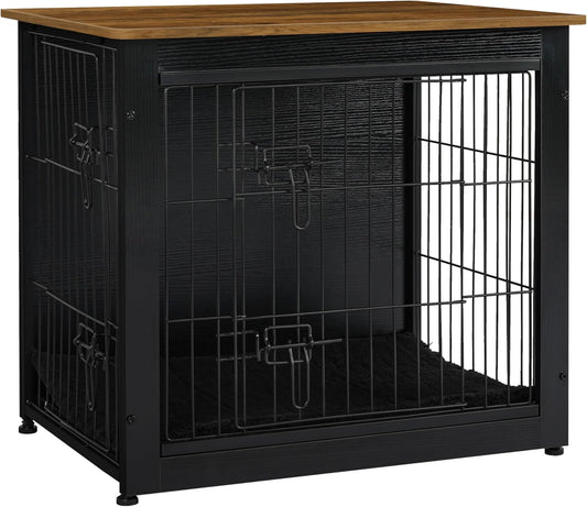 DWANTON Dog Crate Furniture with Cushion, Wooden Kennel Table with Double Doors, Indoor Dog House, Small/Medium/Large Size, 27.2" L, Black+Warm Brown