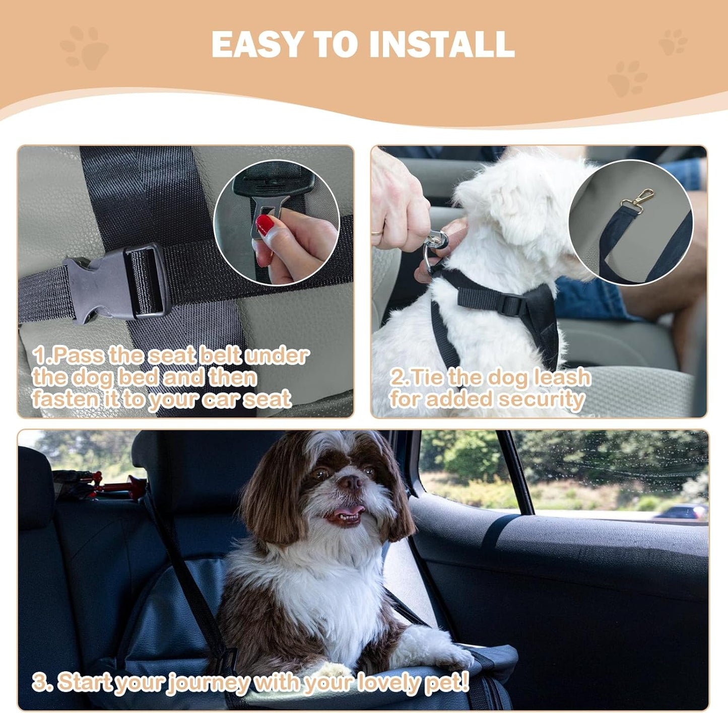 Dog Car Seat for Small Dogs, Large Leather Dog Car Bed with Storage Pocket, Waterproof PVC Leather Booster Seat Travel Bed for Front & Back Seat, Clip-On Safety Leash (Grey)