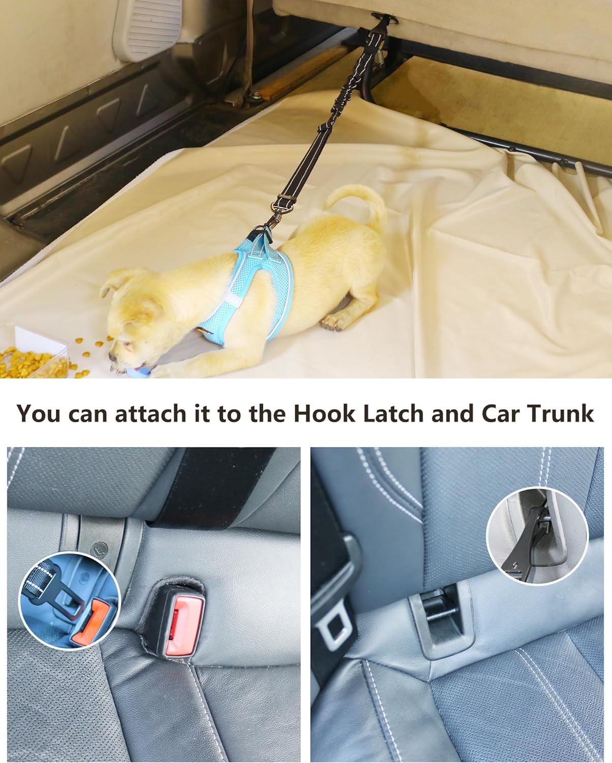 AUBELL Dog Seat Belt for Car,Updated 3-in-1 Adjustable Reflective Bungee Heavy Duty Dog Car Harness Tether with Clip Hook Latch & Buckle,Swivel Zinc Alloy Carabiner,Black