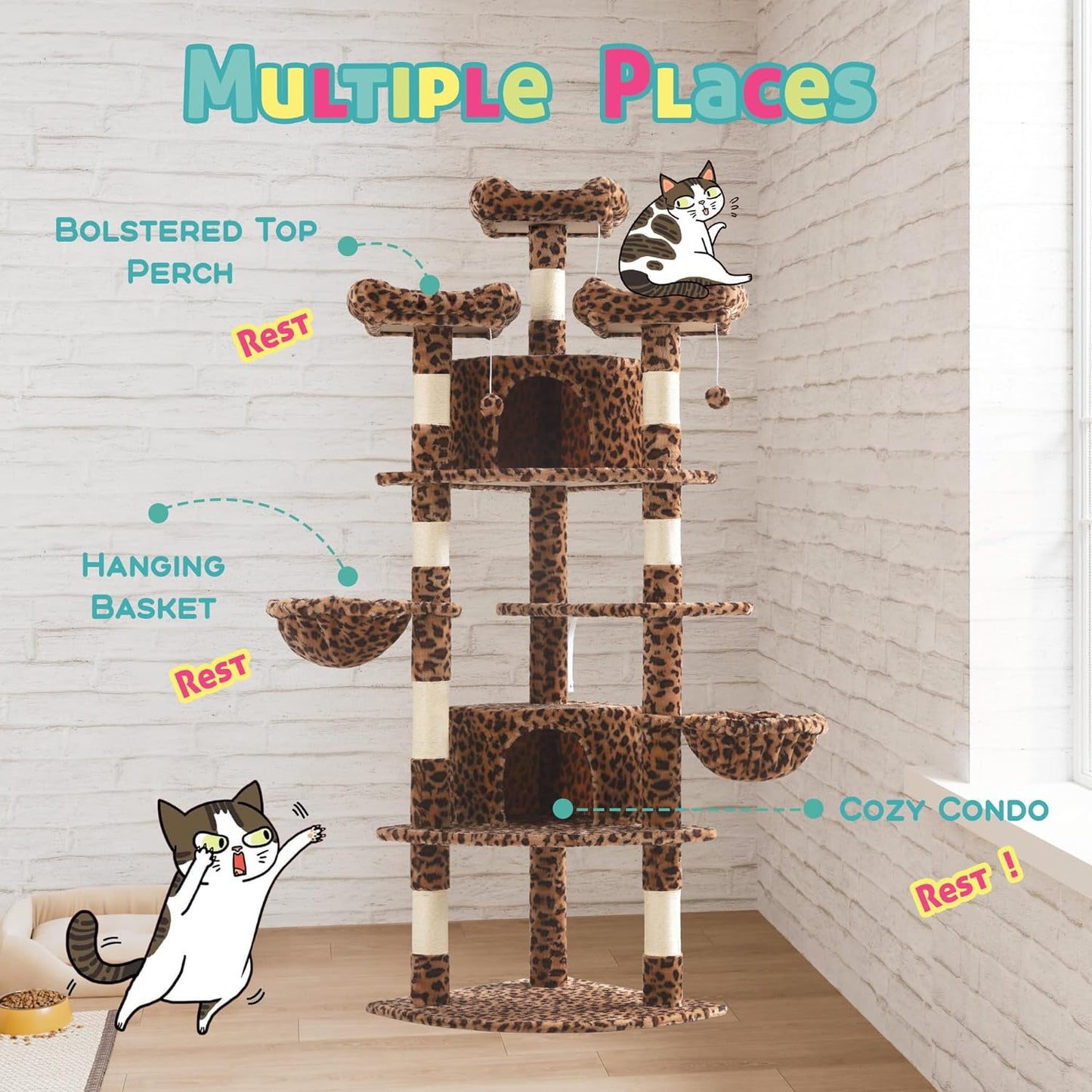 SHA CERLIN 73in Fan-Shaped Corner Cat Tower for Save Space/Multi-Level Tall Cat Tree for Indoor Kitties/Condo with Baskets/Cozy Perches/Sisal Scratching Posts/Pet Activity House/Leopard Print
