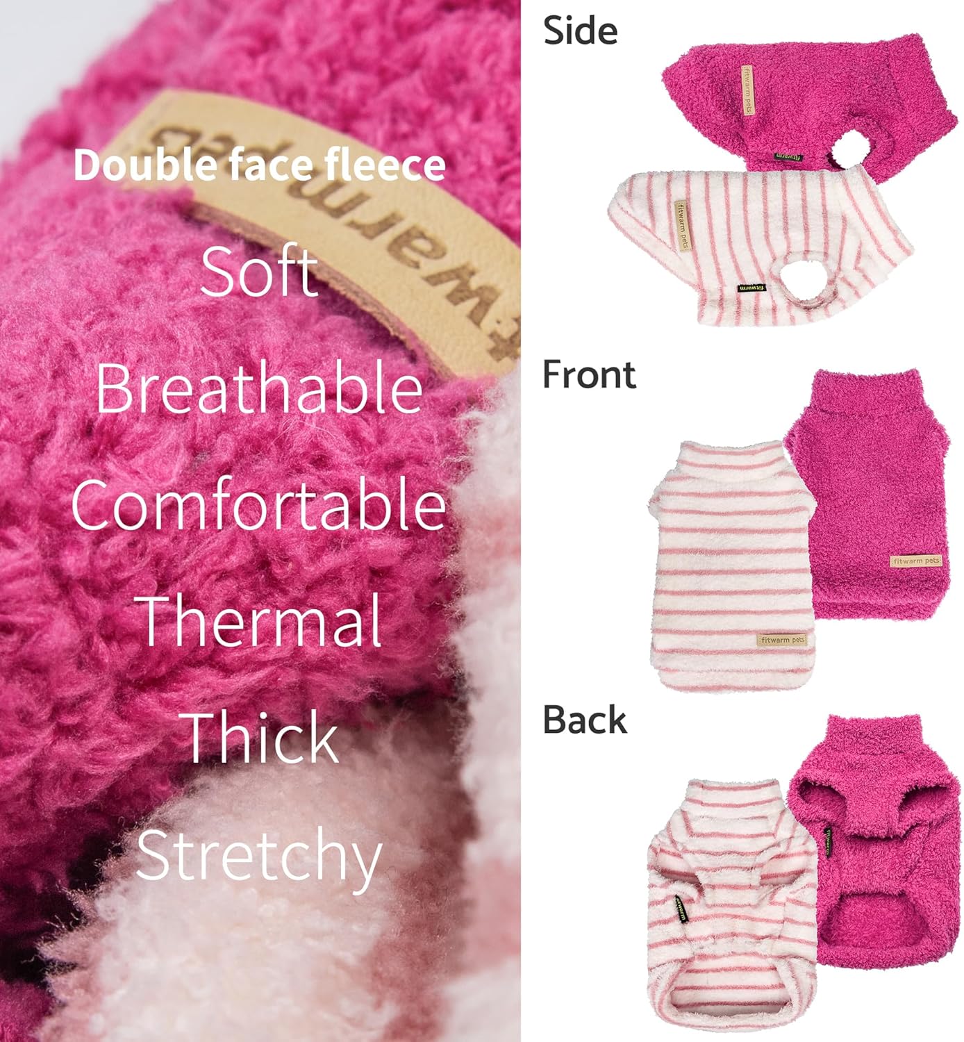 Fitwarm 2 Pack Striped Fleece Dog Sweater, Warm Winter Dog Clothes for Small Dogs Girl, Fuzzy Turtleneck Pet Outfit, Doggy Pullover Jumper, Rose Pink, White, Light Pink, Large