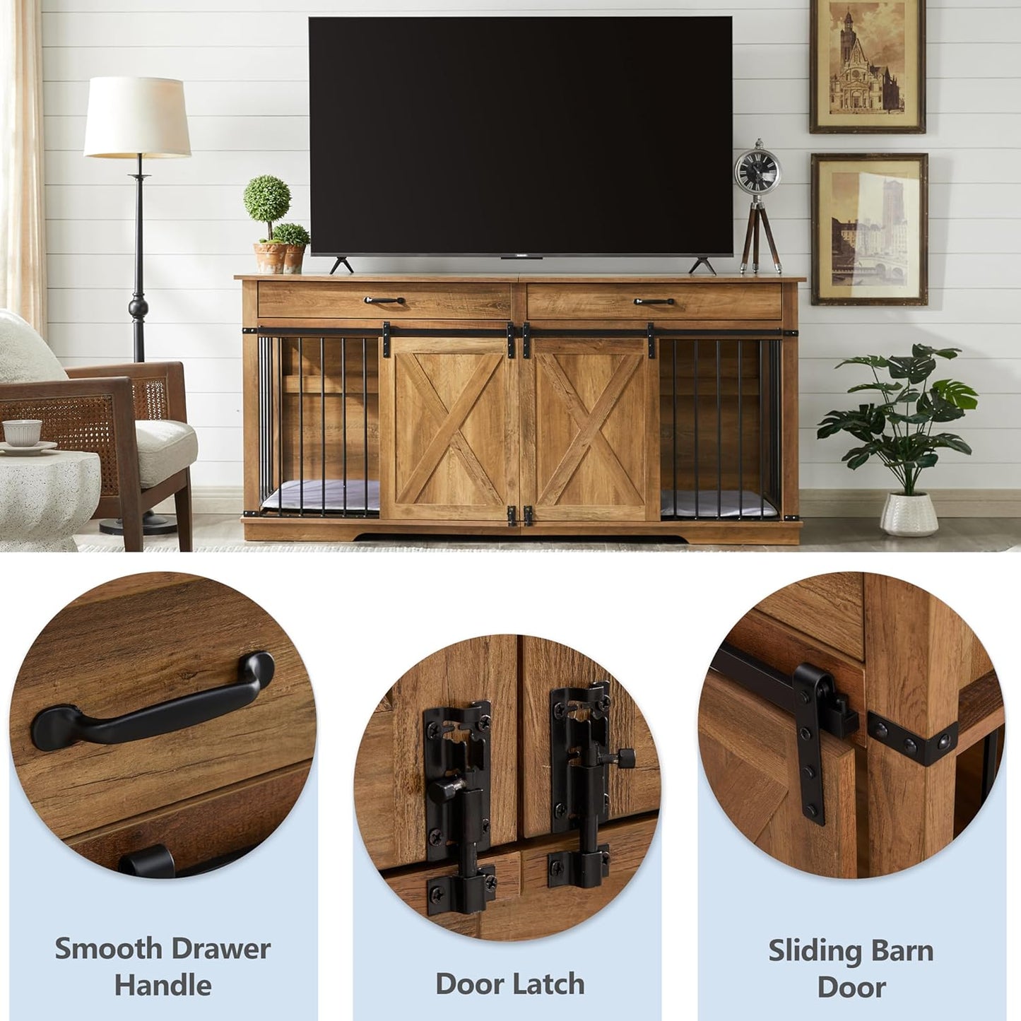 72.5" Extra Large Furniture Style Double Dog Crates for Large Breeds, XXL Wooden Dog Kennel Furniture with Drawers, Divider, Water Resistant & Barn Door for 2 Dogs, Rustic Oak