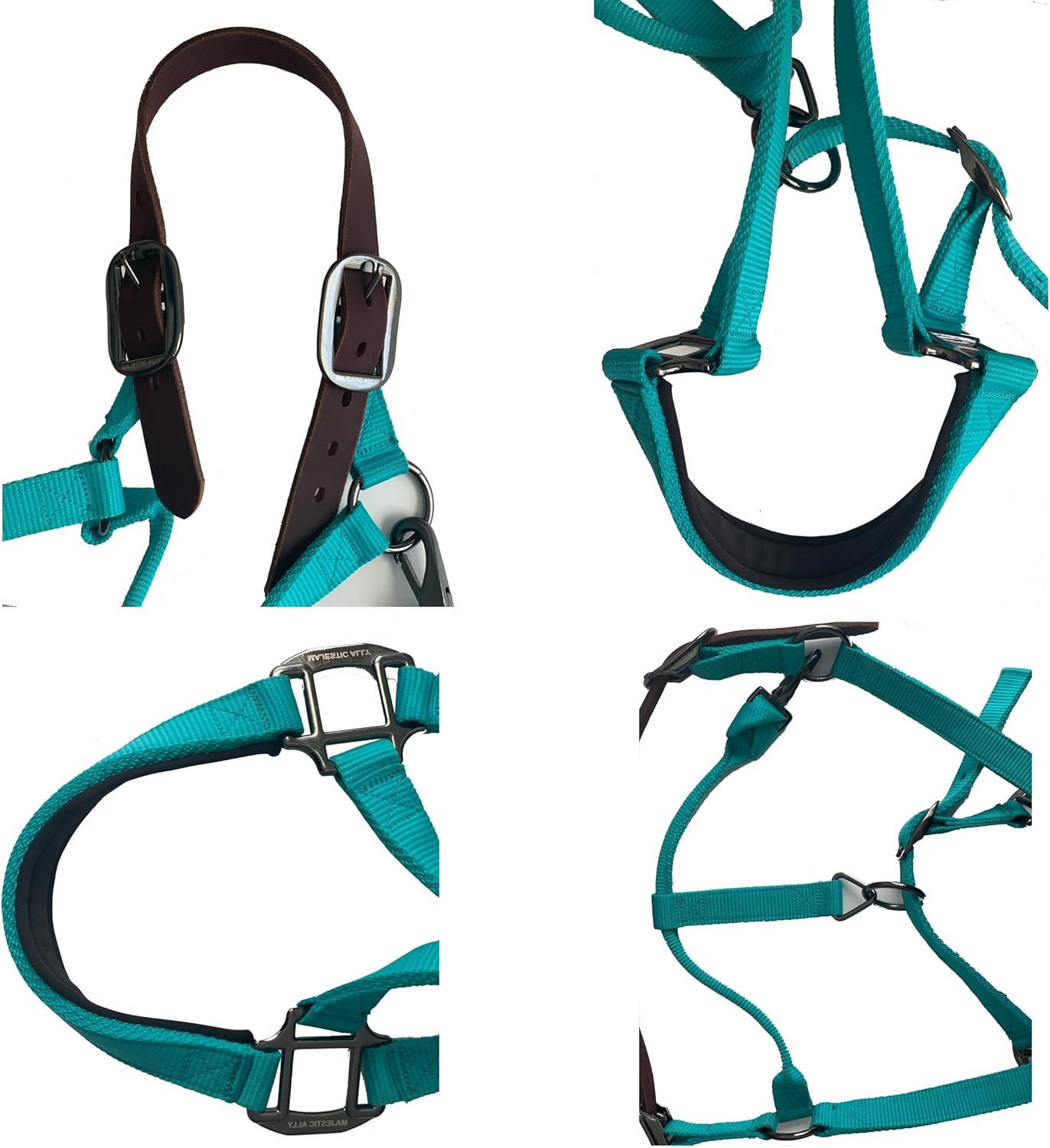 Majestic Ally Leather Halter with Matching Lead Rope for Horses – Leather Breakaway Crown - Adjustable Chin Strap – Rolled Throat Latch – Padded Noseband – Full (Royal Blue, Full)
