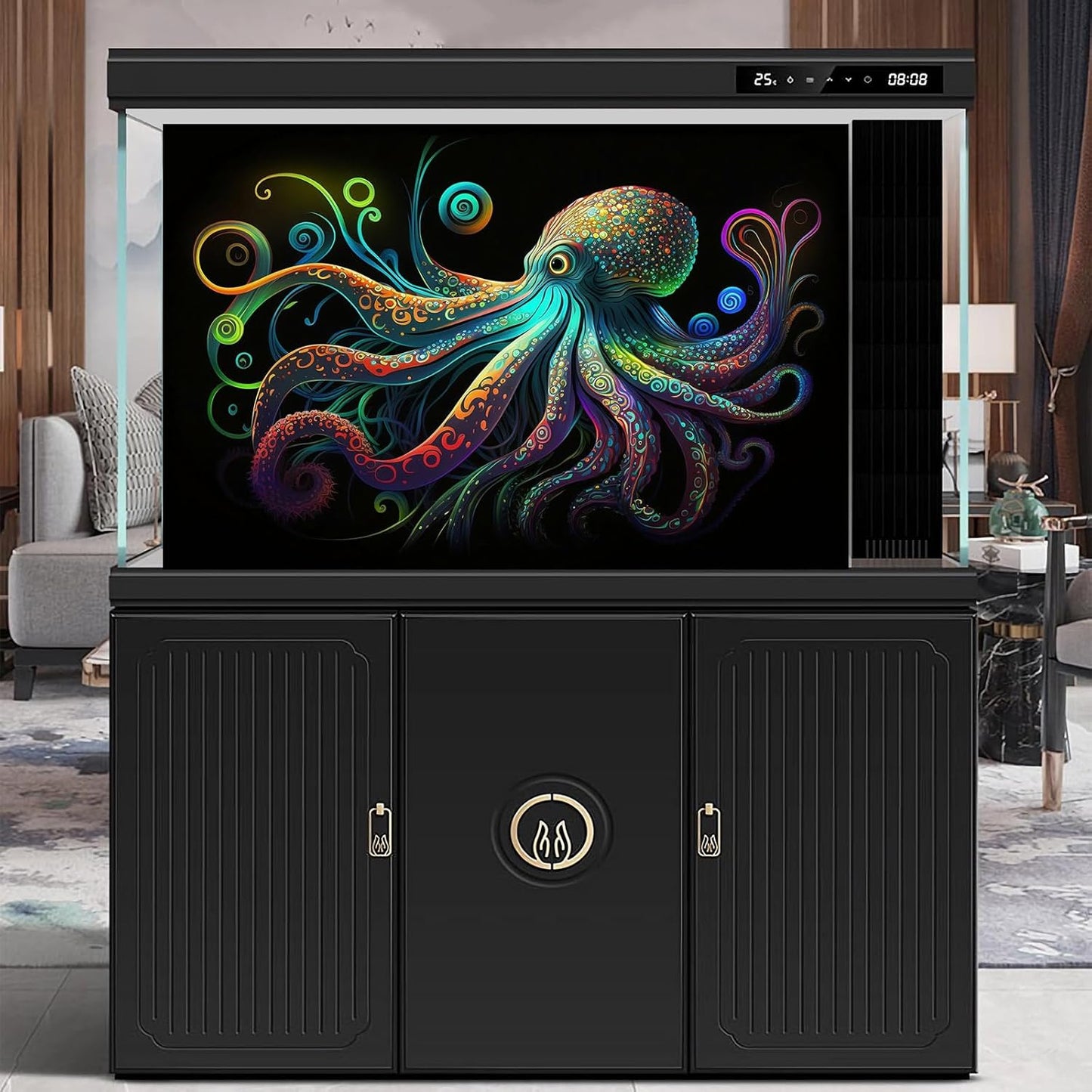 Octopus Aquarium Background Exquisite Colorful Octopus Terrarium Background Glowing Octopus on Black Background Fish Tank Backdrop Octopus Backdrops Poster Wallpaper Decorations Vinyl 72x18in