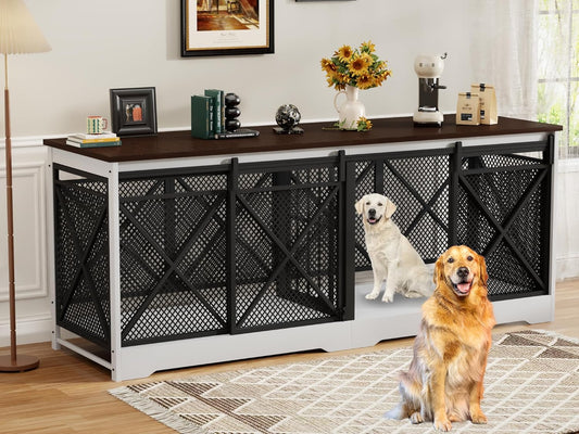 COZPAW 78 Inch Double Dog Crate Furniture, Extra Large Dog Kennel Indoor for Medium Large 2 Dogs, Heavy Duty Dog Cage Chew-Resistant Steel and Wooden Pet House with Removable Divider (White Brown)