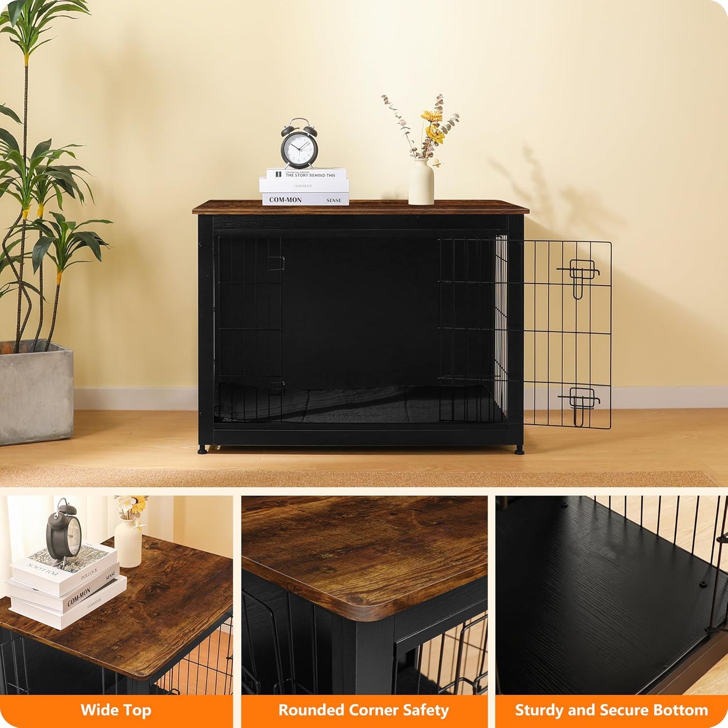 DWANTON Dog Crate Furniture with Cushion, Wooden Kennel Table with Double Doors, Indoor Dog House, Large Size, 38.5" L, Black+Rustic Brown