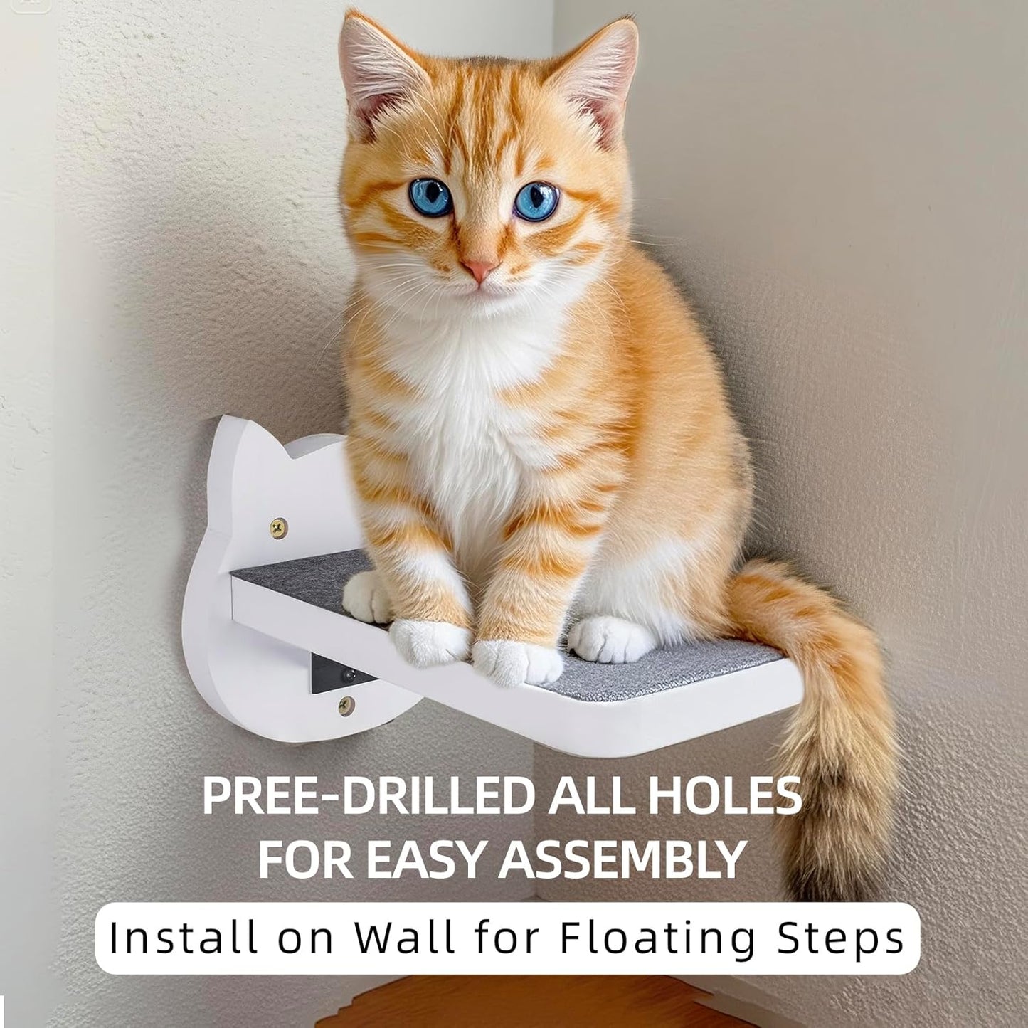 ESPETS White Painted Wooden Cat Wall Floating Steps Set of 3 - Wall Mounted Cat Floating Furniture Shelves and Perches, Sturdy Climber Stairs Ladders - Holds up 30lbs