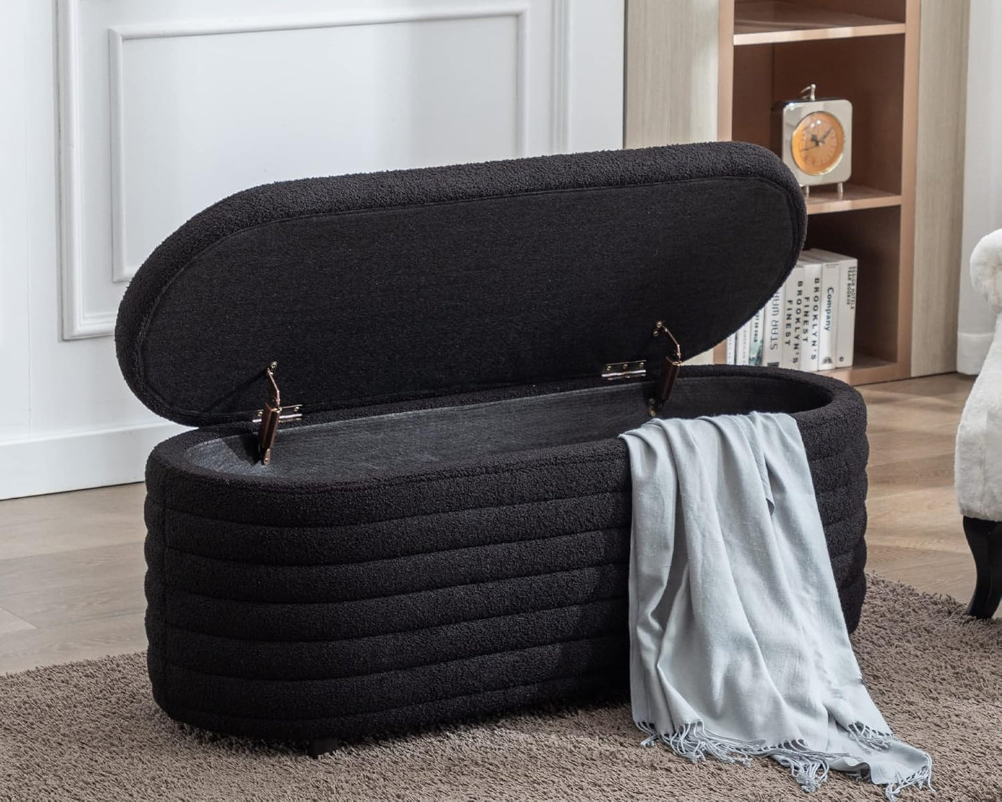 Storage Ottoman Bench Upholstered Fabric Storage Bench End of Bed Stool with Safety Hinge for Bedroom, Living Room, Entryway (45.5-inch, Black)