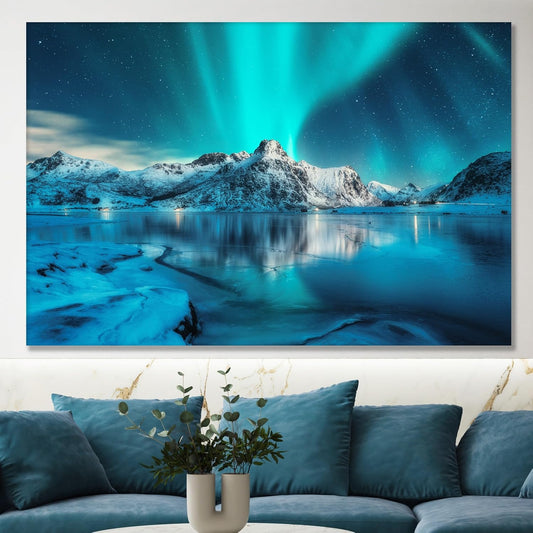 Nature Wall Art Prints - Ocean Forest Mountain Lake Canvas Landscapes - Small to Extra Large Living Room Bedroom Kitchen Bathroom Décor (Northern Lights Over Lake, 28L" x 41W")