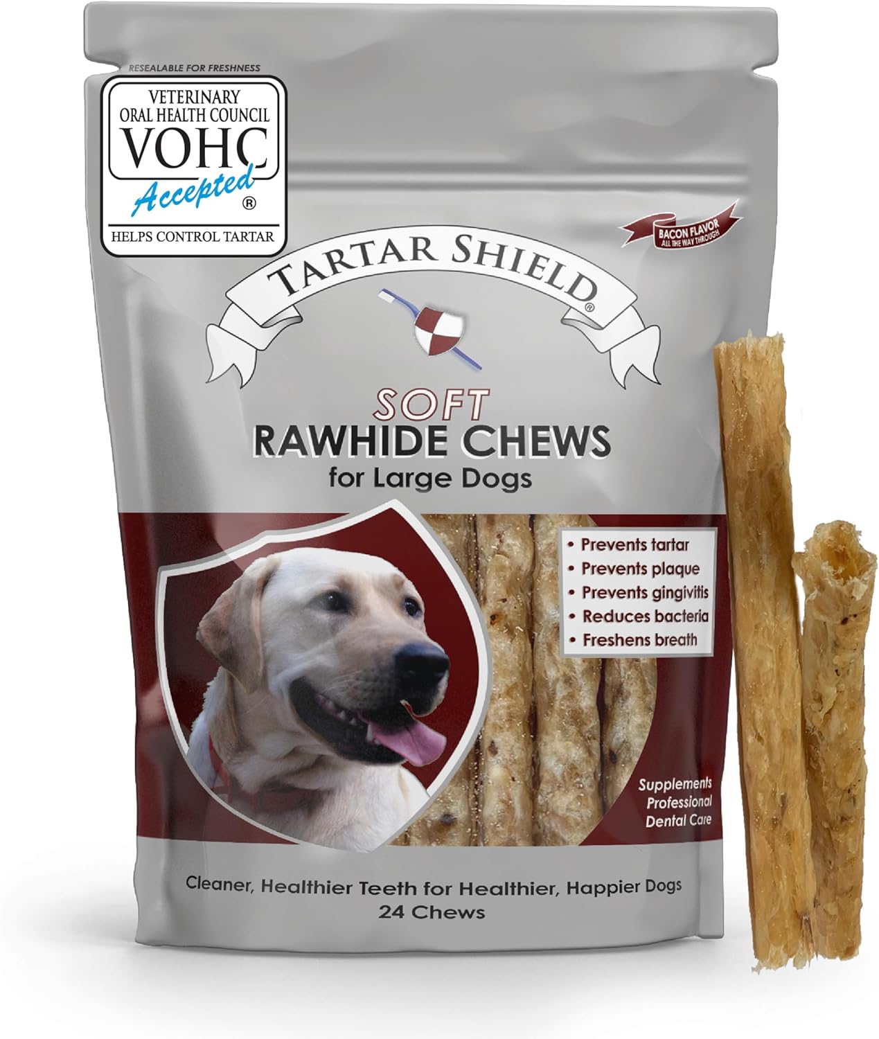 Tartar Shield Soft Rawhide Chews | Safe Dental Treats for Large Dogs | Vet VOHC Approved | Daily Bone Cleans Teeth & Gums Fresh Breath Oral Health Support | USA Made | (Large Dogs / 24 Count)