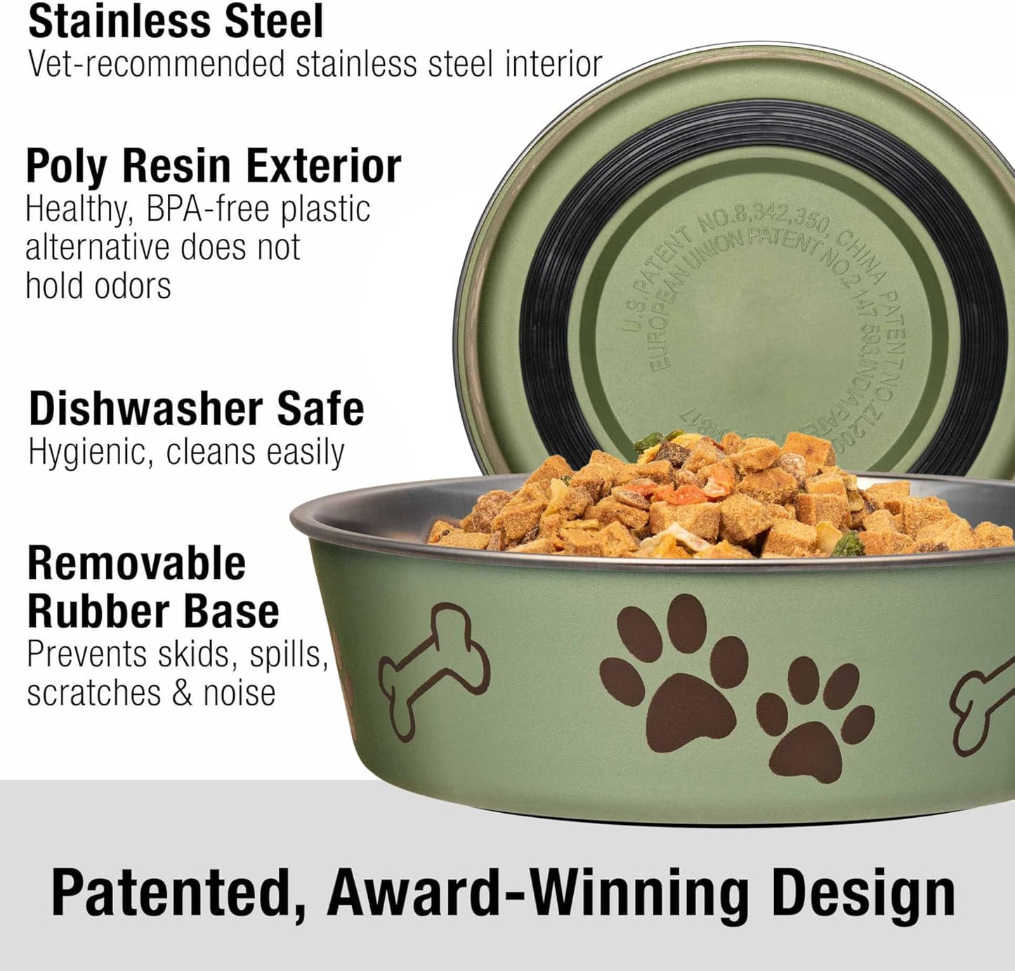 Loving Pets Bella Dog Bowls- Stainless Steel Dog & Cat Bowls - Spill Proof Dog Food Bowl, Cat Bowl, Puppy Essentials & Pet Supplies Great for Home & Travel (X-Large 65-100lbs, Artichoke)