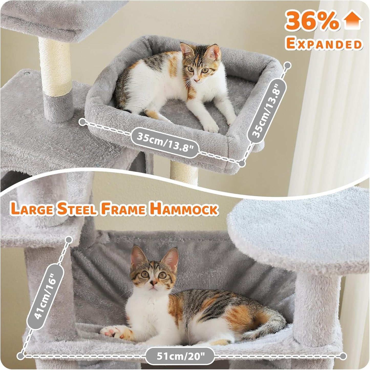 PAWZ Road Heavy Duty Cat Tree for Large Cats, 81 Inches Tall Cat Tower with 2 Perches, 2 Condos and Spacious Hammock, XL Extra Large Condo with 7 Scratching Posts for 20lb+ Adult Cats,Gray