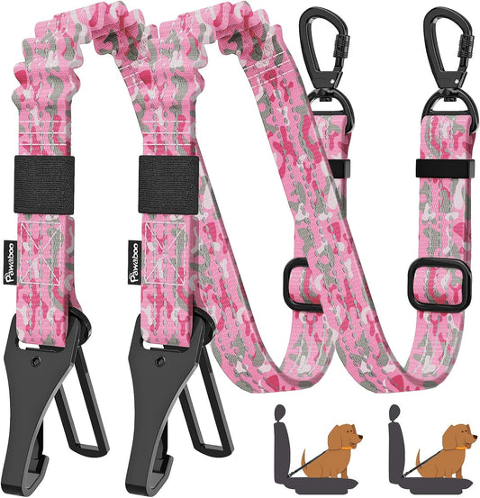Pawaboo 2Pack Dog Seatbelt for Car, Dog Car Seat Belt Bungee, Dogs Tether for Cars with Buckle & Hook Latch, Adjustable Reflective Dogs Cars Harness Leash with 360° Lockable Buckle, Pink Camouflage
