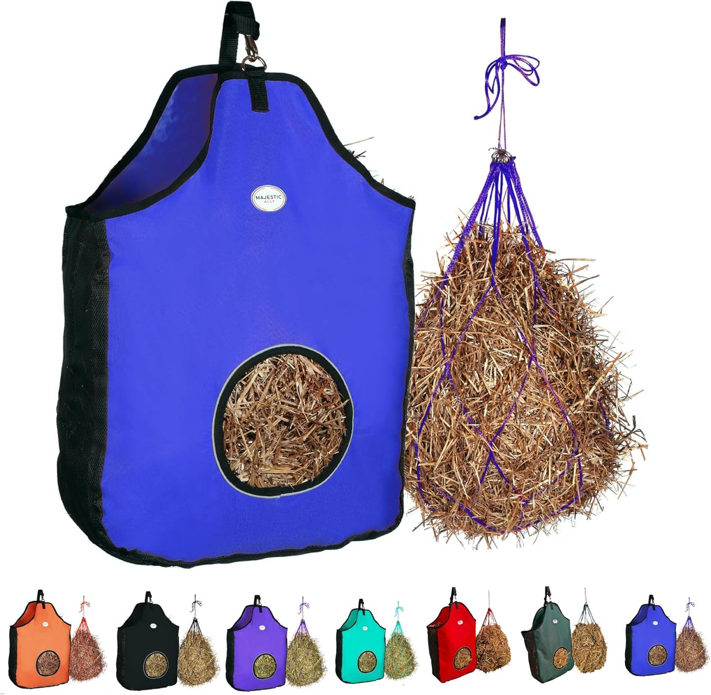 Majestic Ally 1200 D Hay Feeder Tote Bag for Horses, Sheep with Reflective Trim- Reduces Waste - Comes with 36” Hay Net. (Royal Blue)