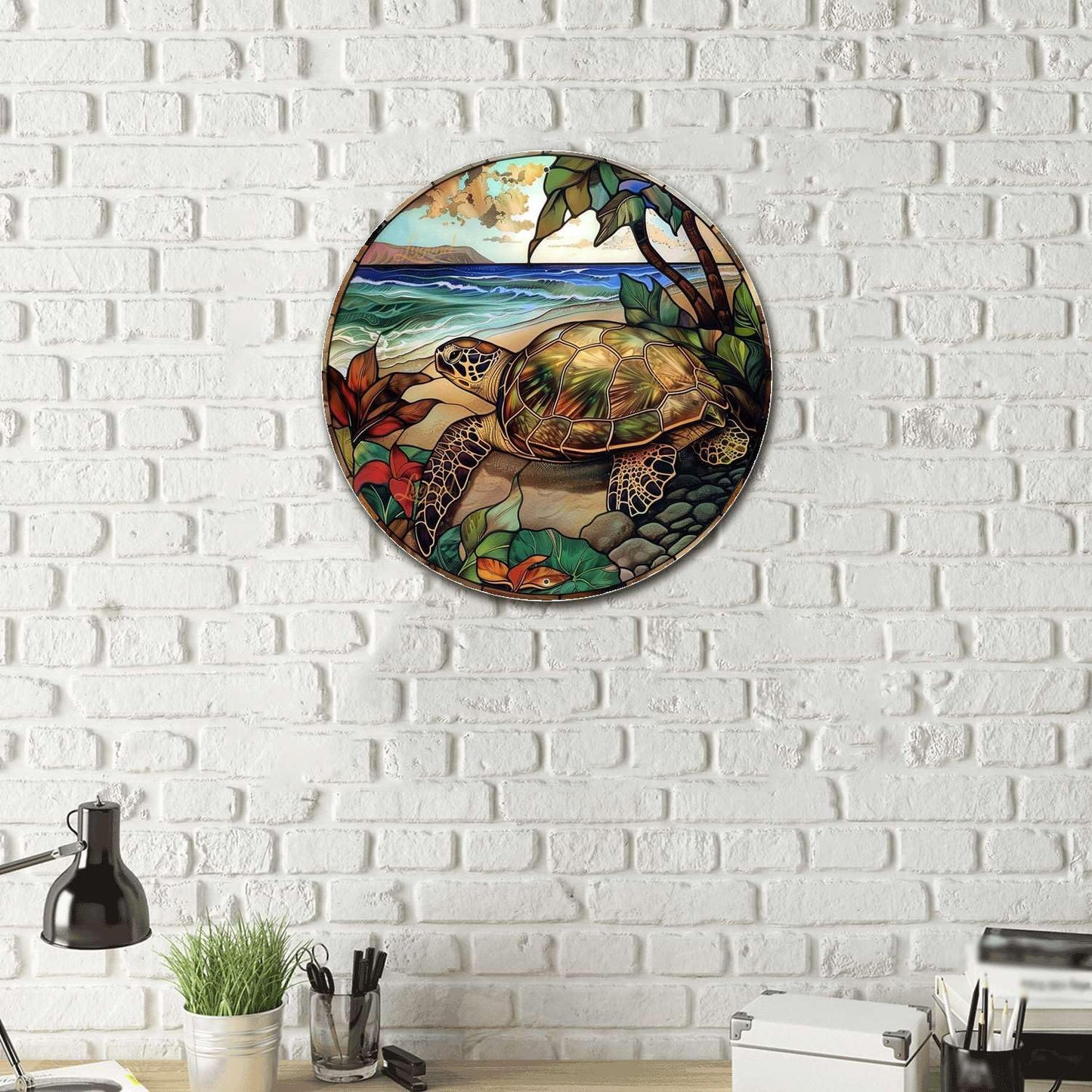 Lygond Metal Stained Glass Turtle Tin Sign for Home Decor - 1212 Inches