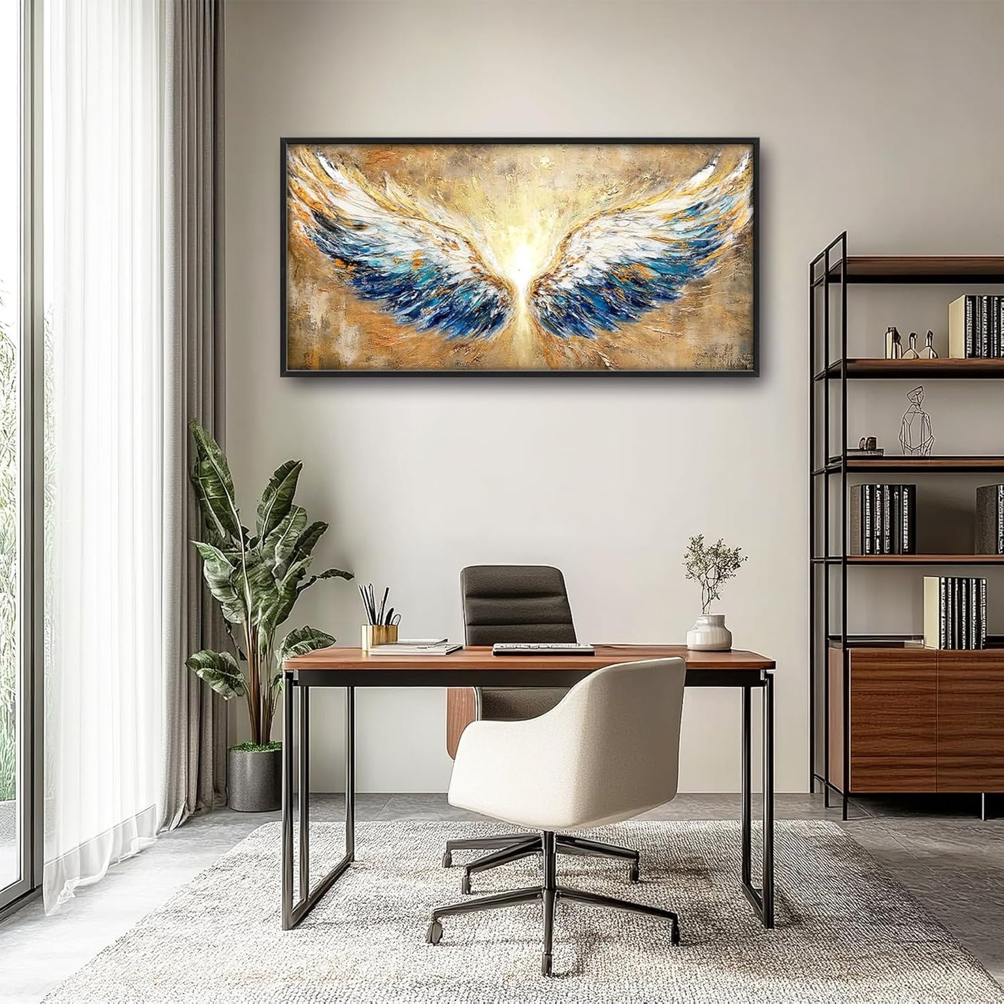 Extra Large Angel Wings Framed Wall Art for Living Room,Oversized Golden Wings Pictures Wall Decor,Holy Gold Blue Canvas Print Painting Modern Artwork Bedroom Office Bathroom 60L" x 30W"