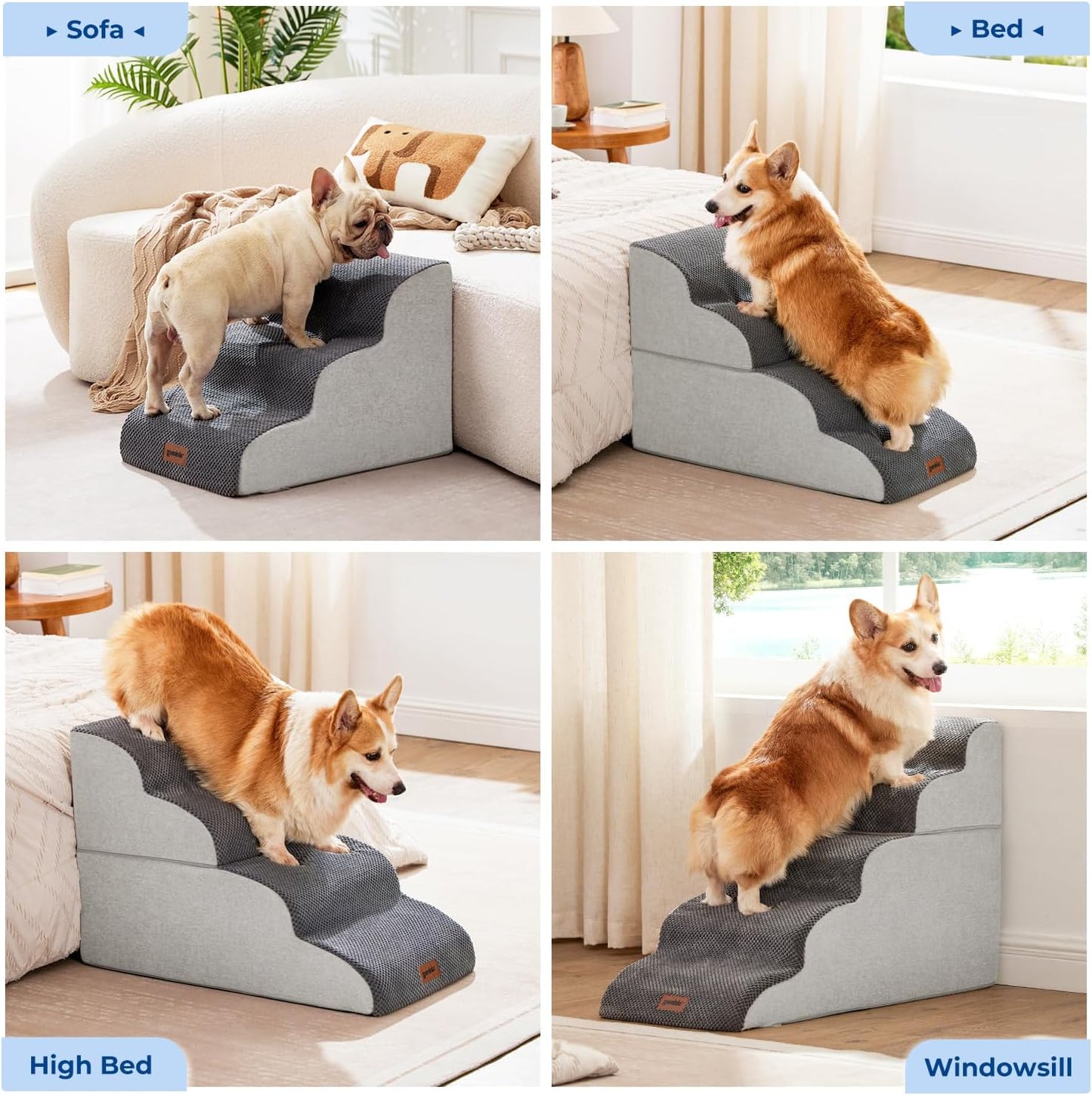 Dog Stairs Ramp for Bed 19.7" H - Pet Stairs Steps for Small to Medium Dogs to Get on Bed and Couch, 35D Foam with Non-Slip Bottom Brown, 4 Steps