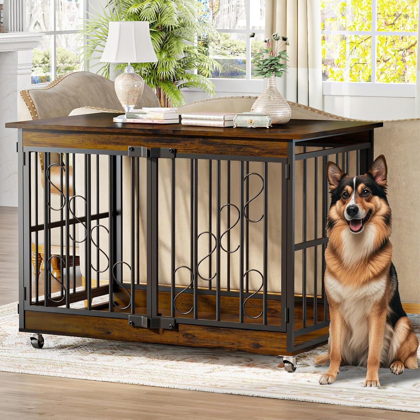 COZPAW Dog Crate Furniture, 48 Inch Dog Crates for Medium/Large Breed, Farmhouse Wood Metal Kennel Indoor Heavy Duty Pet Cage with Caster Wheels (Brown)